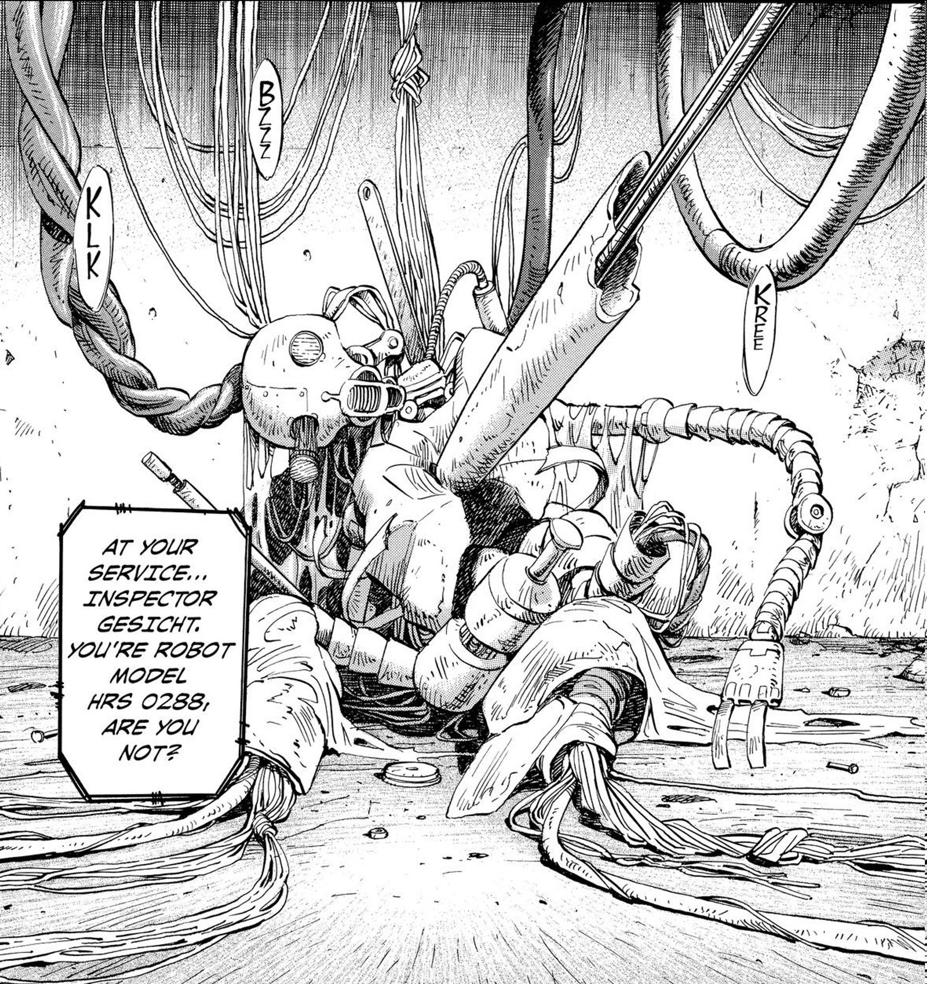 brau 1589 from the manga PLUTO brau is a robot in disarray and left abandoned in a bunker after it killed a human. its limbs have been torn, synthetic flesh and clothing peeled off, and its head has been bent to the side, its eye falling out of its robotic skull. wires are hanging around it.