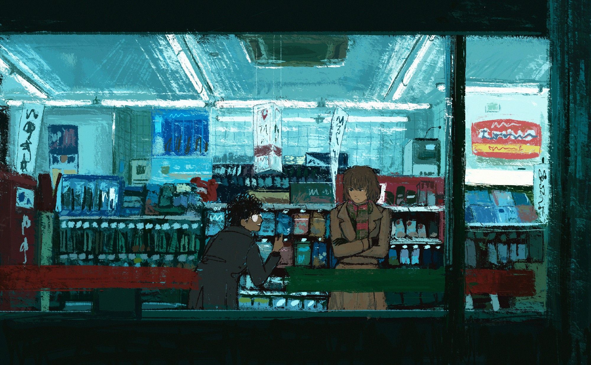 A digital painterly illustration where we are looking through a konbini window to see Goro Akechi and Ren Amamiya in front of the snack aisle. Ren is reaching over towards a snack on the rack and is pointing and smiling, his expression hidden behind his glasses. Akechi is crossing his arms and looking mildly annoyed. They are both in their Third Semester outfits. The lighting is blue and artificial, like it's late at night, and no one else is seen inside the store.