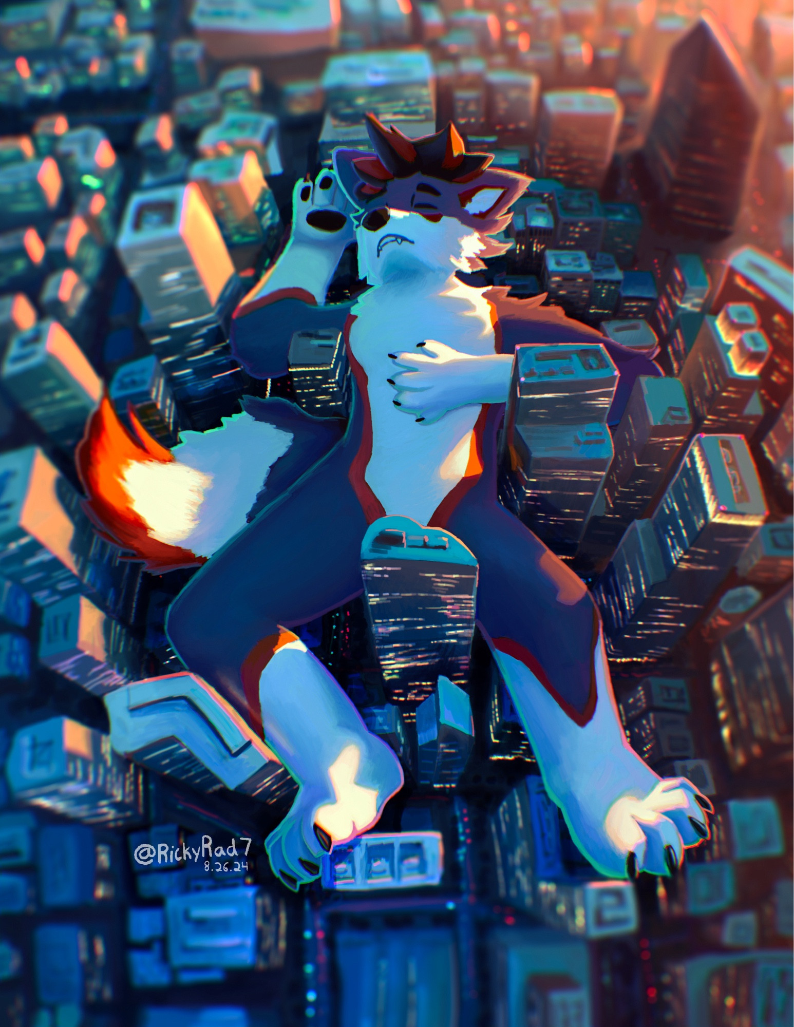 My wolf boi Ricky as a macro, sleeping within a city. Buildings poking thru, somehow not harmed. Evening, golden hour, setting.