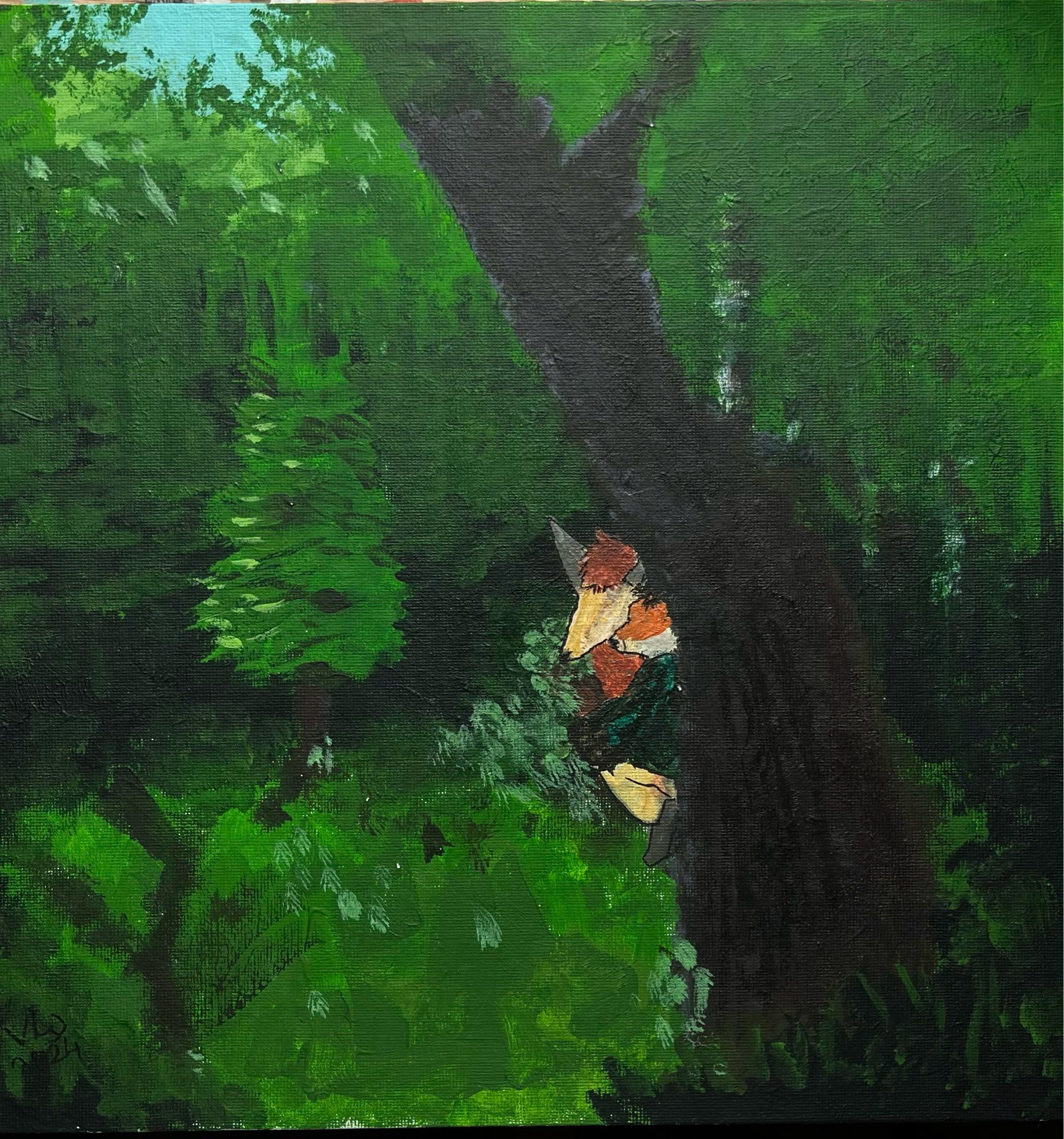 Acrylic painting of a deep green forest where  behind the tree are sitting a red for in green sweater and a yellow dog.