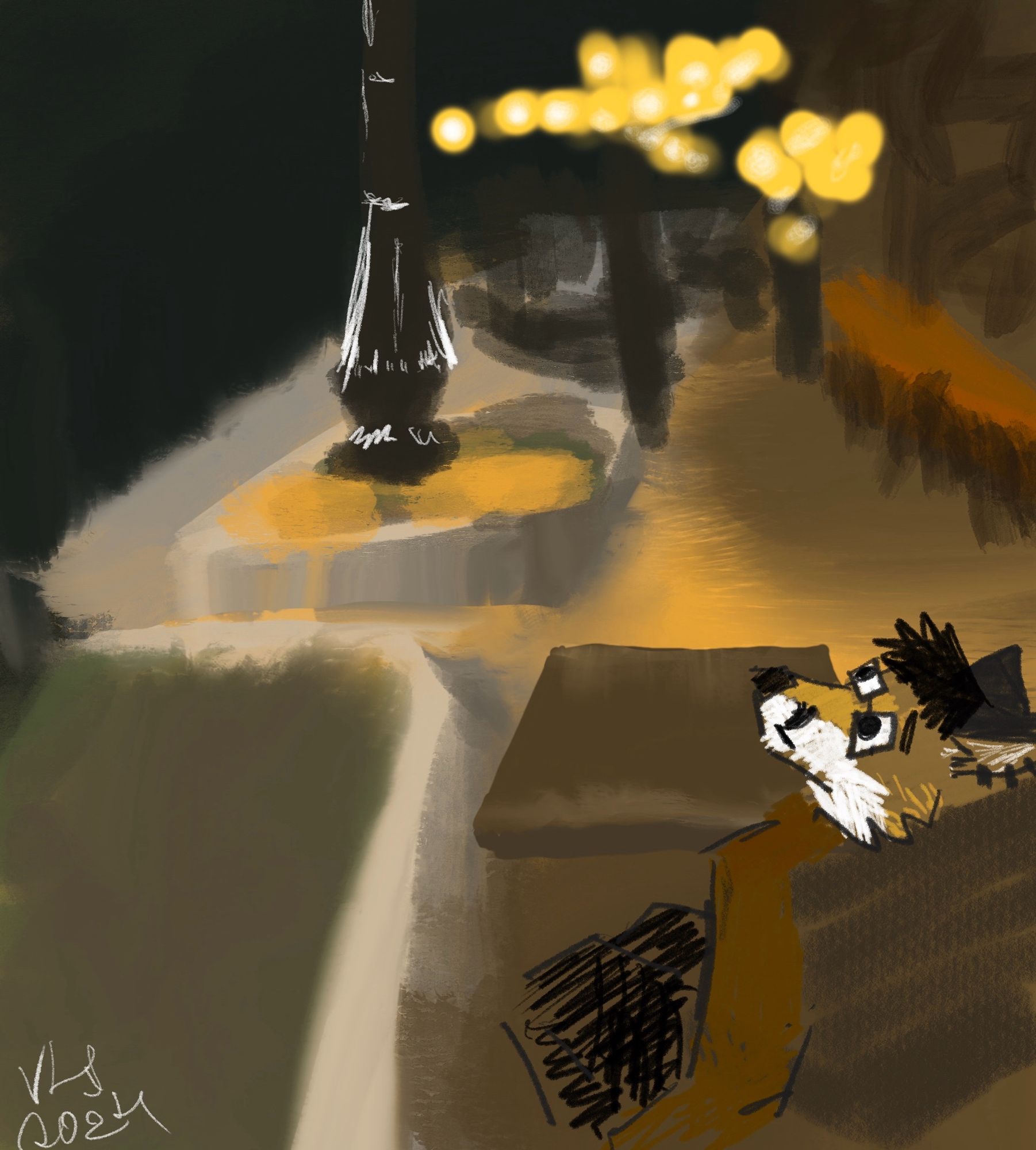 A digital painting depicting a late evening urban scenery with some abstract night lamps and an
anthropomorphic fox looking semi-sad in the bottom right corner.