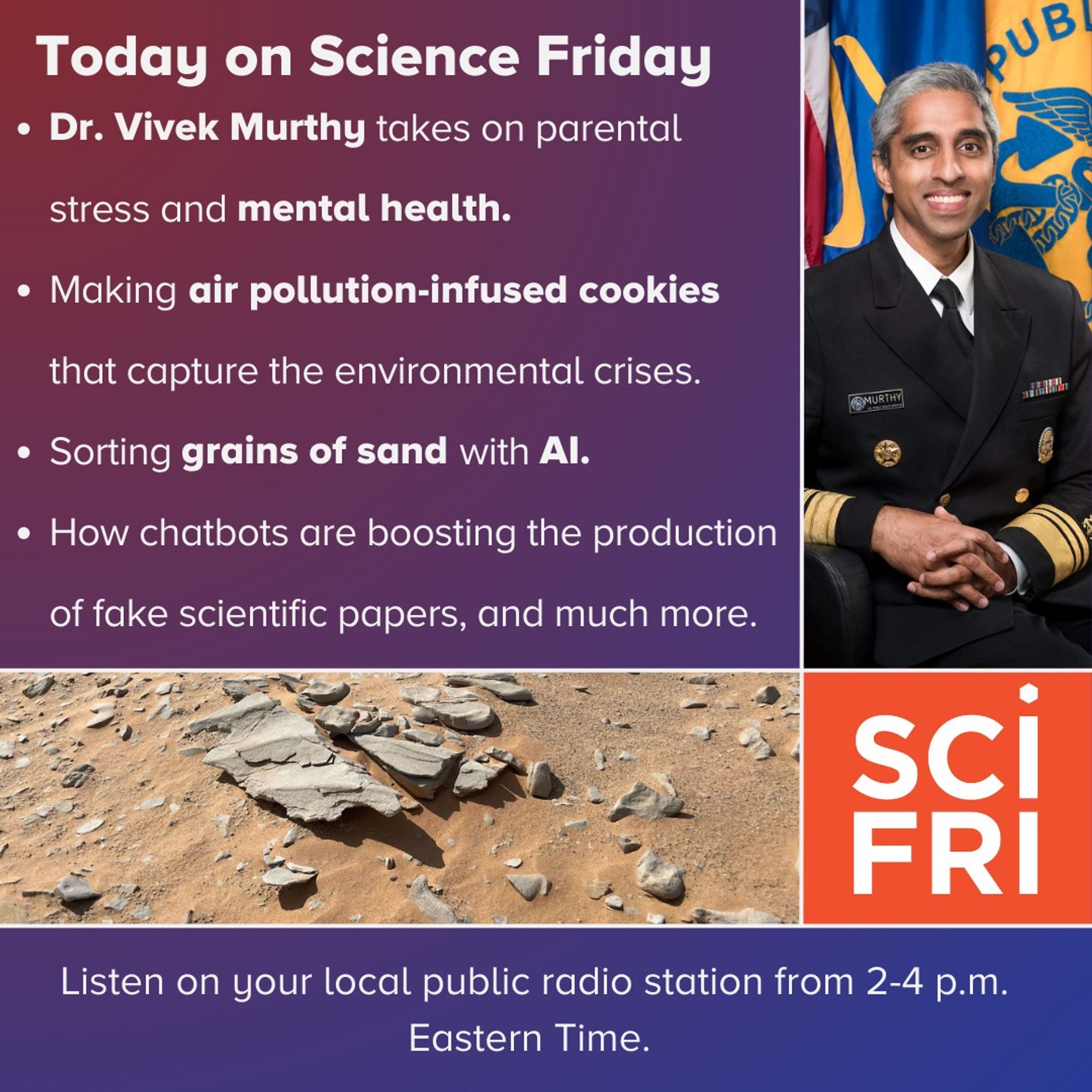 Today on Science Friday. Dr. Vivek Murthytakes takes on  parental stress and mental health
Making air pollution-infused cookies that capture the environmental crises.
Sorting grains of sand with AI, 
How chatbots are boosting the production of fake scientific papers, and much more. Listen on your local public radio station from 2-4 p.m. Eastern Time.