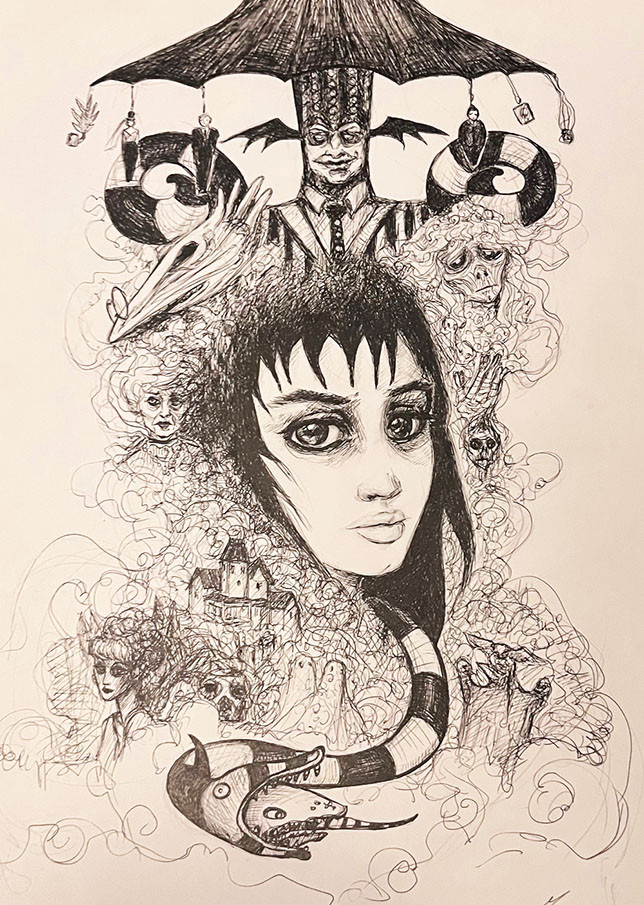 Beetlejuice ink art with Lydia surrounded by Beetlejuice as carnival demon, ghosts, house, and sandworm.