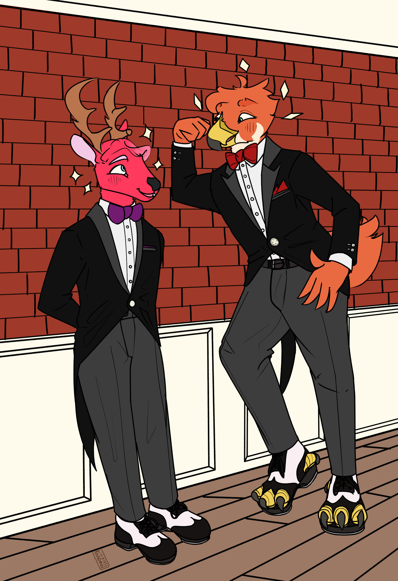 A drawing of two anthros, a red-colored deer with a chipped antler (Noel) and an orange-colored falcon with messy 'hair' (Mac). Both are in tuxedos, bow ties, and spectator-style tap shoes, with Mac's being open-toed to allow for his talons. They are standing in a hallway, both leaning against the wall; each is blushing, and appear to be flirting with each other. Sparkles surround each of their faces