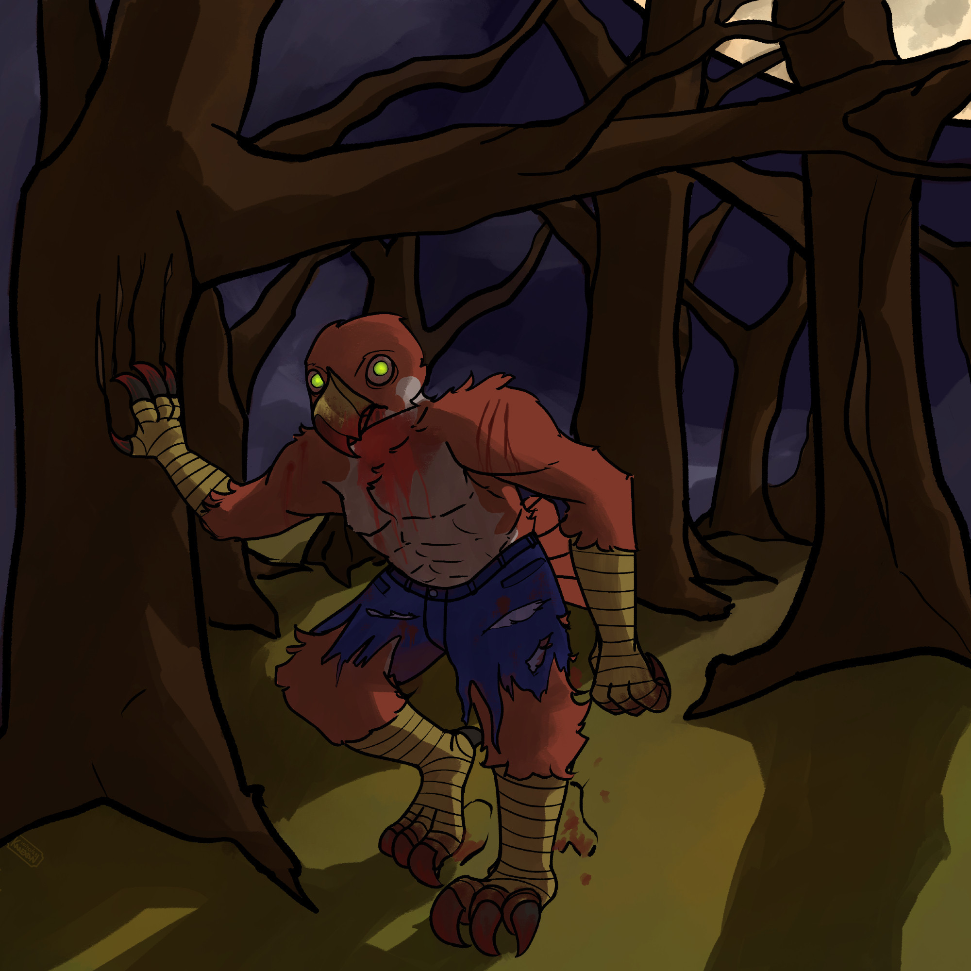 In a forest of barren trees at night, an anthropomorphic bird (Mac) is standing, dragging his talons down the trunk of a tree. He is unusually muscled and his only clothes, a pair of jeans, are shredded. His eyes are glowing green, he has a hostile look on his face, and his beak, talons, and chest are coated with blood.