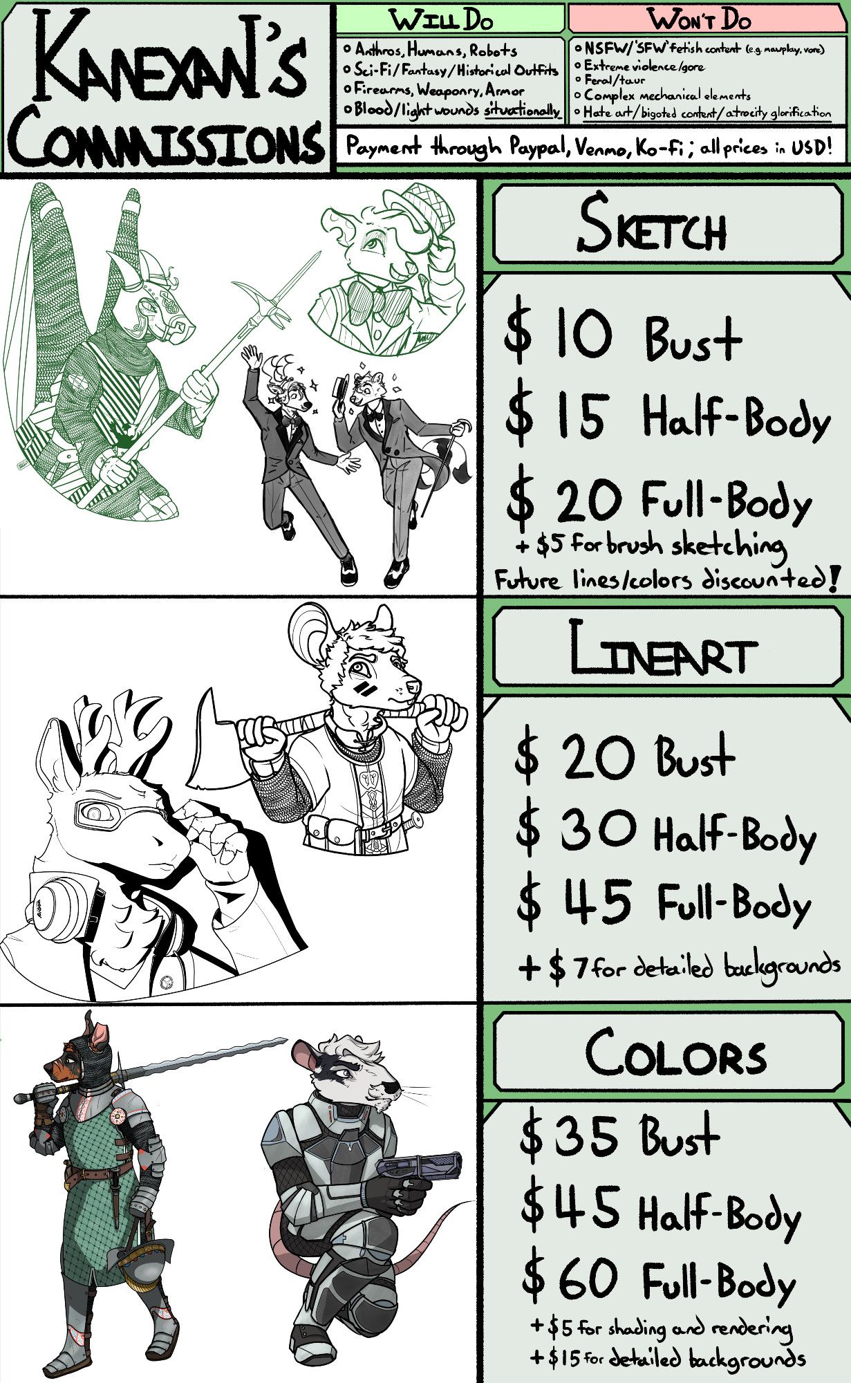 The commission sheet for Kanexan (me!); it includes three tiers of commission (sketch, lineart, and colors) and three types of commission (busts, half-bodies, and full-bodies), with examples for each. Following the link in the tweet will take you to my Trello, which explains the terms of service and prices for each category in more detail than can be managed in alt text.