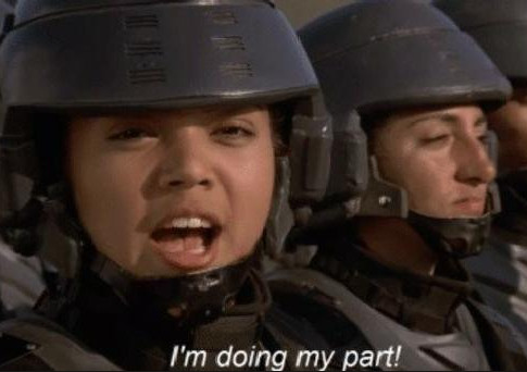 A screenshot of the "I'm Doing My Part!" scene from Starship Troopers (1997), as this website does not have gifs.