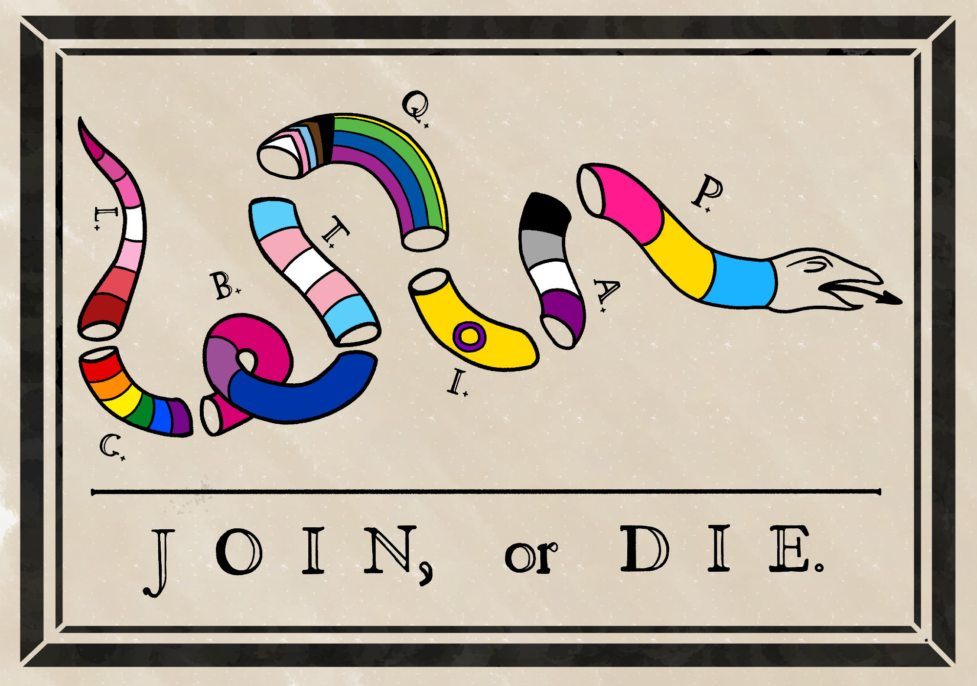 The 'Join, or Die' American Revolutionary War propaganda art of a snake divided into segments, edited to feature 'LGBTQIAP' and their respective pride flags on each segment instead of the initials of the American Colonies.