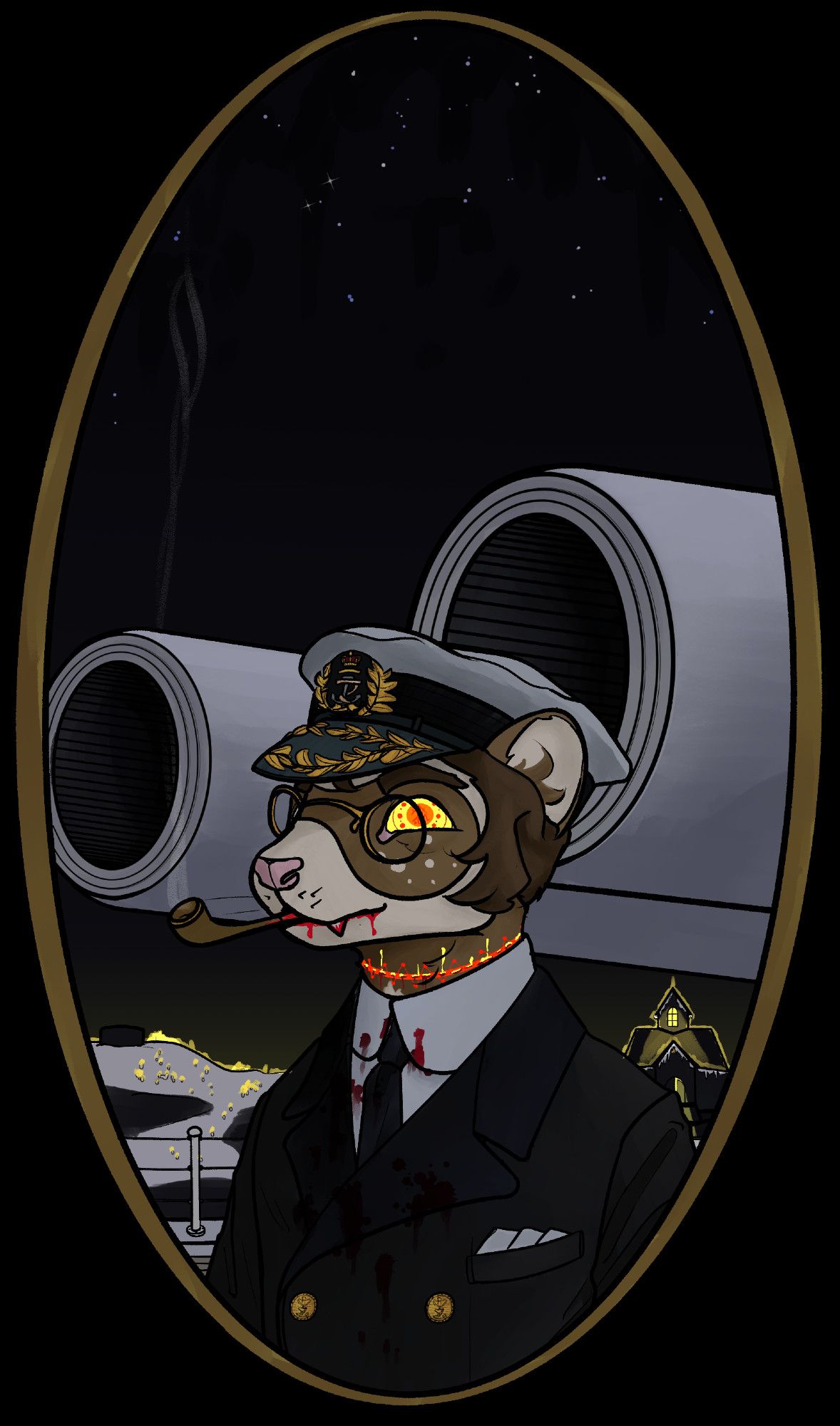 A framed drawing of a ferret anthro (Hobson); he is wearing a coat and naval cap, and smoking a pipe. His eyes are yellow and orange, and the pupil has become adorned with a sigil of the Correspondance; around his neck, a stitched-together scar of decapitation drips blood downwards, and light upwards. Blood drips from his smiling mouth, staining the pipe, and his clothes. Immediately behind him are the railing and gun barrels of a ship; in the background there is a chapel and a well on a snow-covered island, covered with candles and light. "Stars" shine on the cavern-roof above.