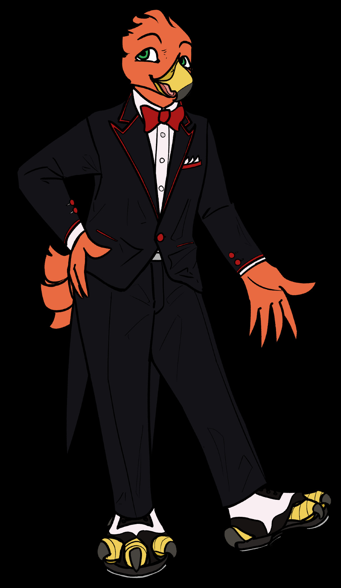 A red, anthropomorphic falcon man stands in a red-trimmed black tuxedo with a pleased expression, showing off a pair of spectator tap shoes that are modified to accomodate his talons.