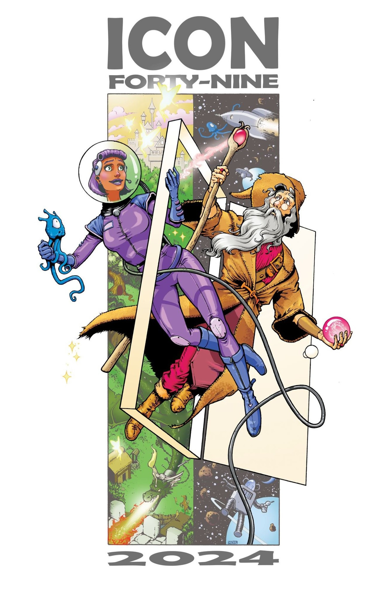 Convention poster showing a woman in a space suit holding a cute tentacled alien and a wizard holding a magical staff and orb.
They are floating through a door between their universes.

Text:

ICON
FORTY-NINE

<picture>

2024