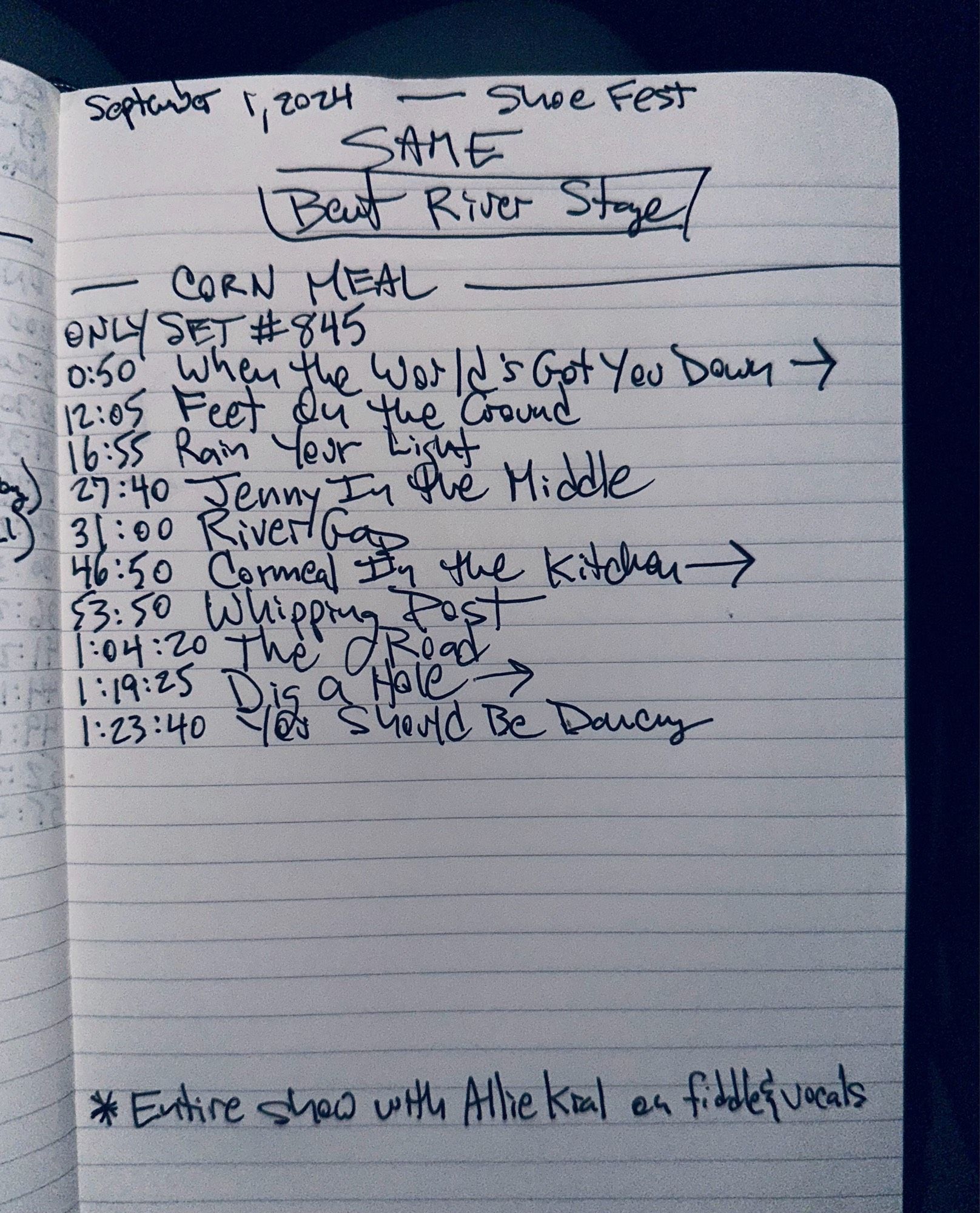 Written set list:

When the World’s Got You Down >
Feet On the Ground 
Rain Your Light 
Jenny In The Middle 
River Gap
Cornmeal In the Kitchen >
Whipping Post
The Road 
Dig a Hole >
You Should Be Dancing 

* Entire show with Allie Kral on fiddle & vocals