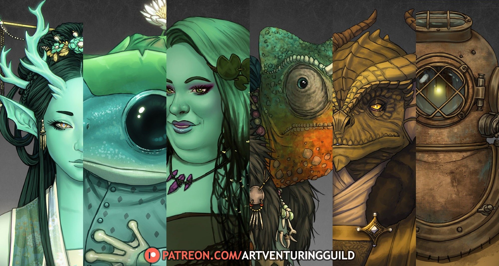 Previews of 6 different fantasy character portraits. They're all very colourful and diverse: from dragonfolk, to cute frogs.