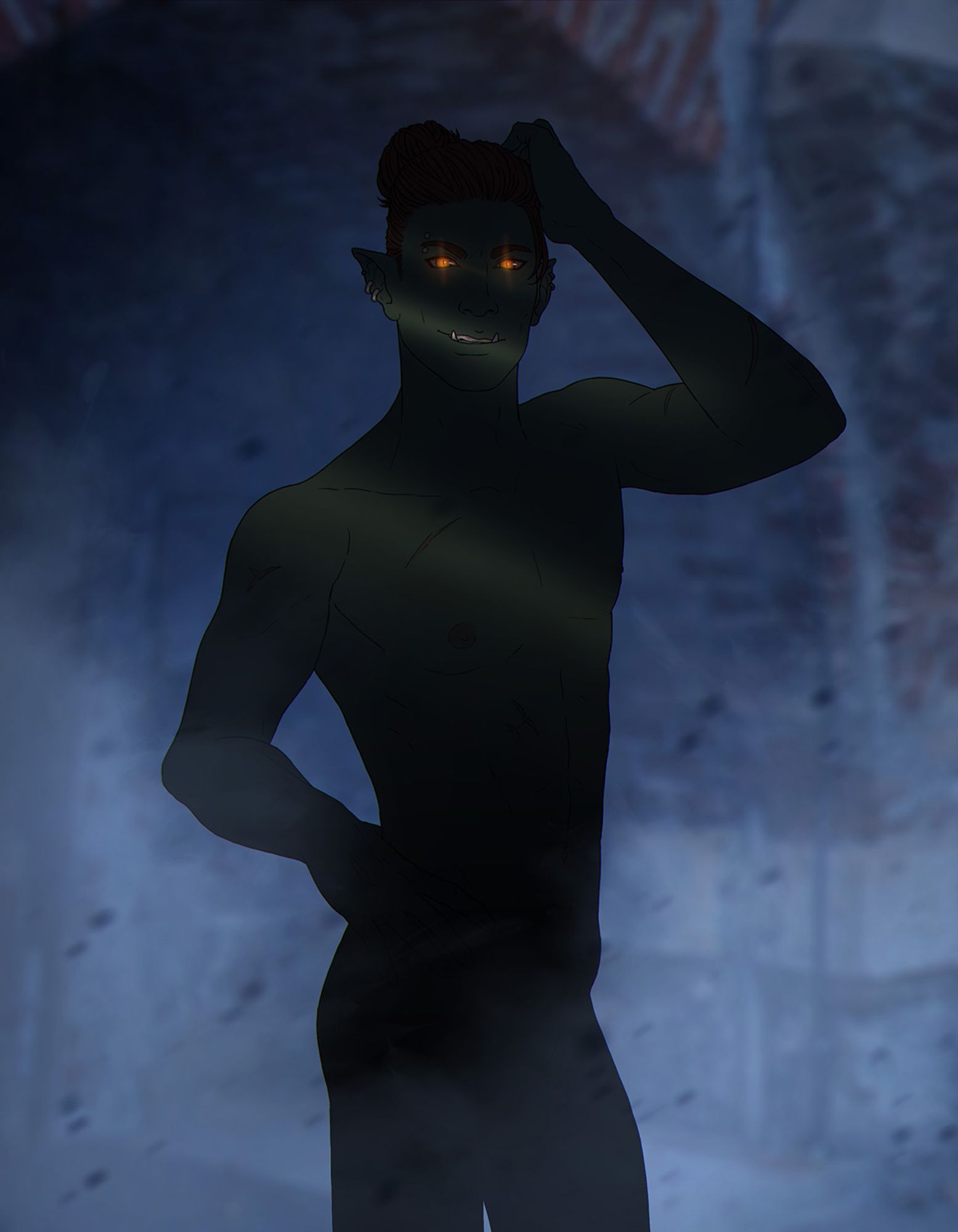 Character teaser: from the dark athletic silhouette, we can only see a glimpse of a fang and bright orange cat-like eyes.