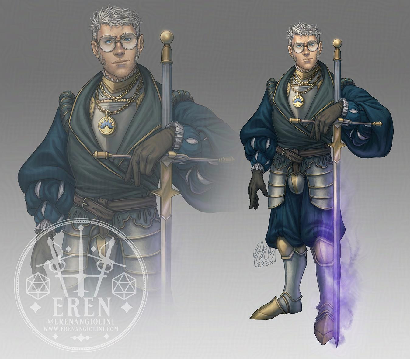 Re-design of Percy from Critical Role's Vox Machina campaign, as a Paladin. He is wearing a Landsknecht-style uniform and armour, carrying a big greatsword surrounded by purple magic swirls.