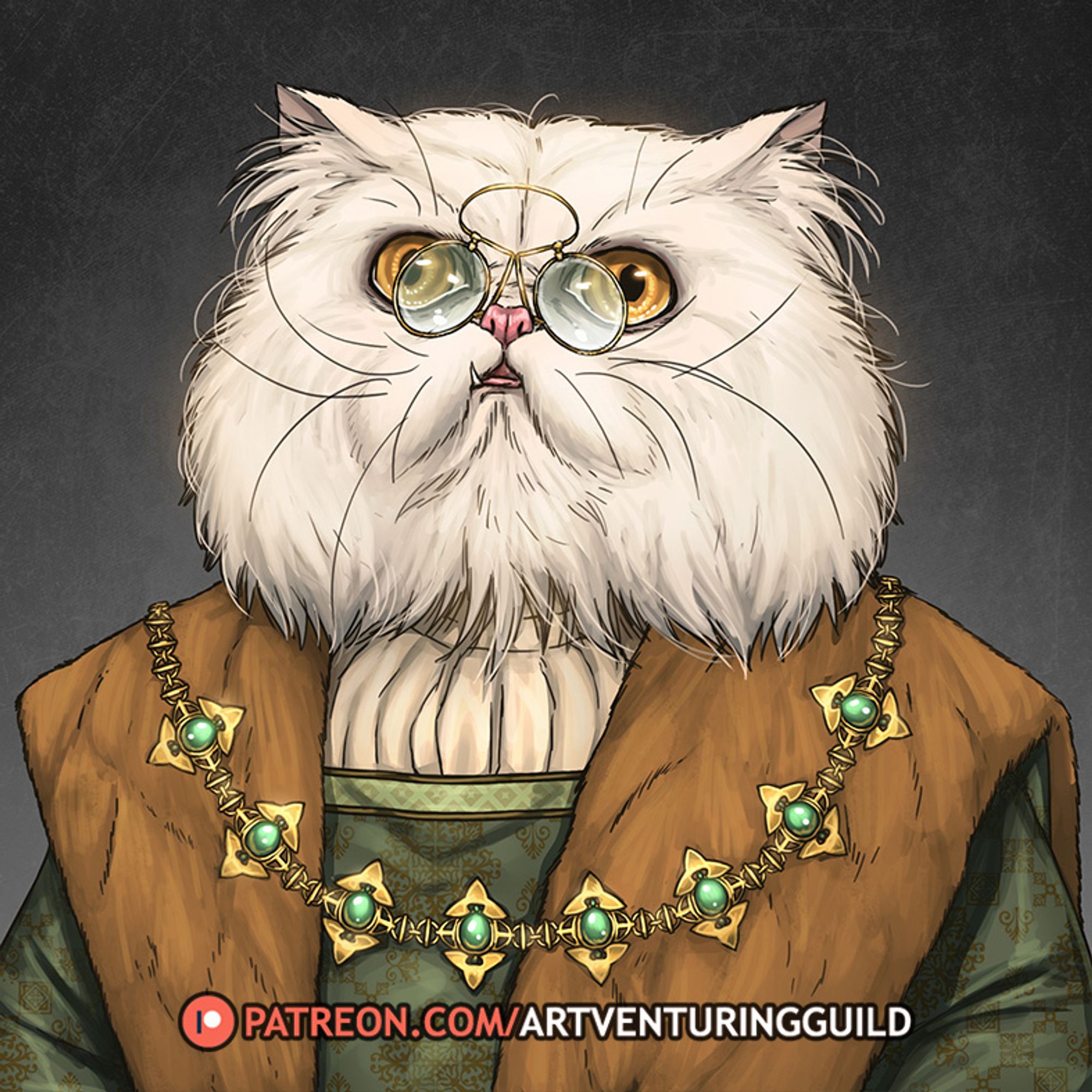 Character portrait: a very fluffy cat person in rich European renaissance clothing, and a pair of glasse.