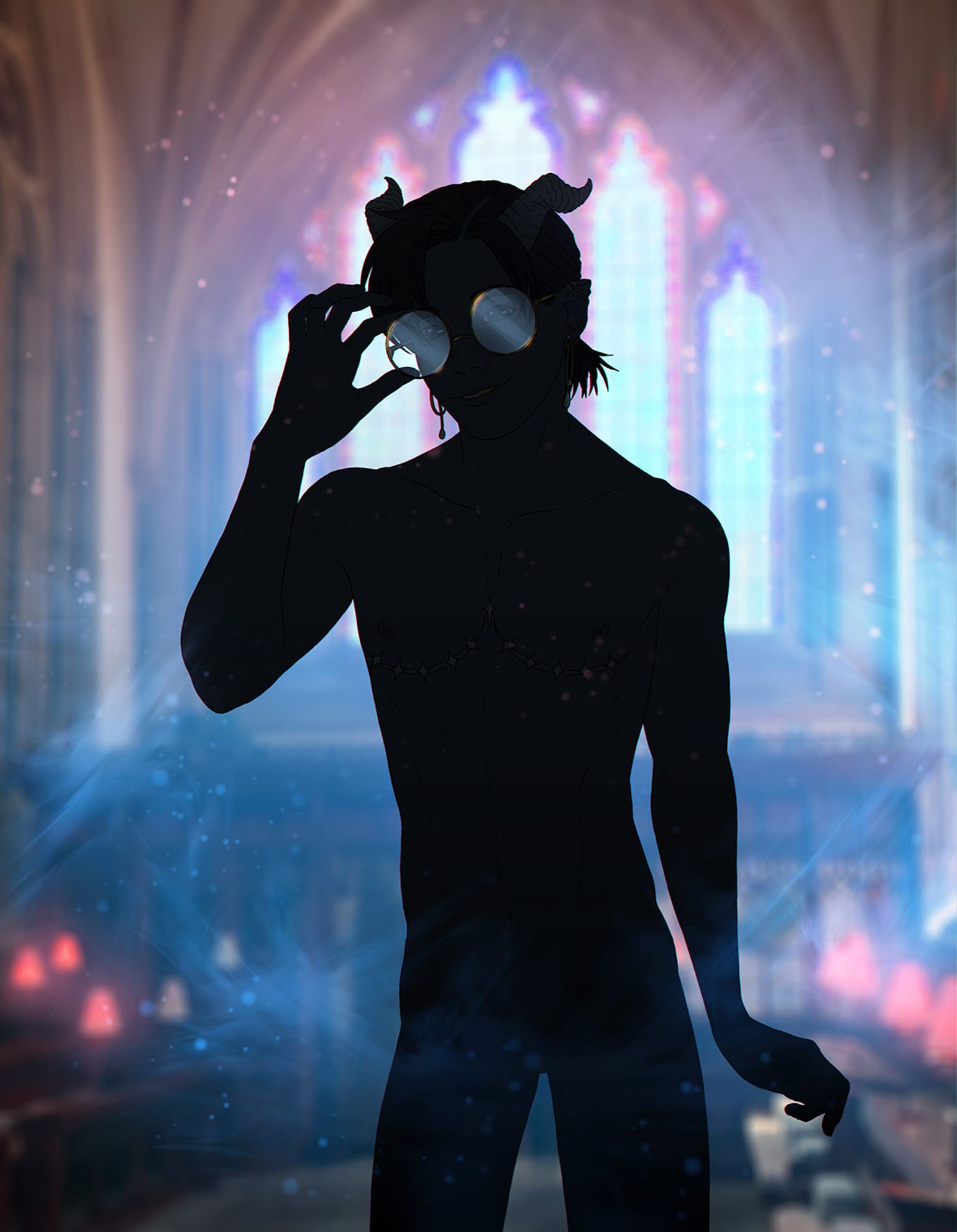 Character teaser image: a slim, horned silhouette. The character wears glasses.