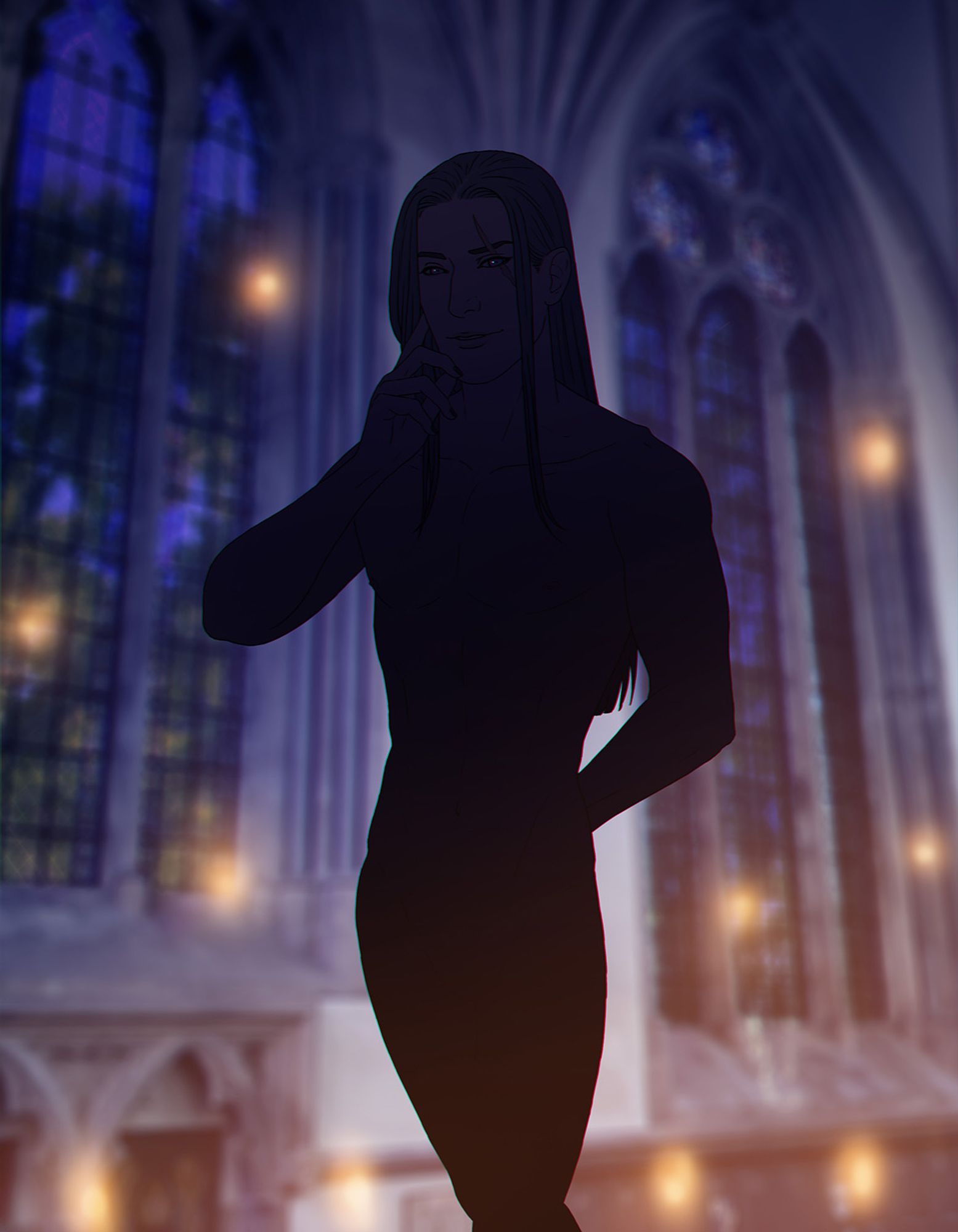 Character teaser: a slim silhouette with long hair. We can barely see a glimpse of a scar over one eye.