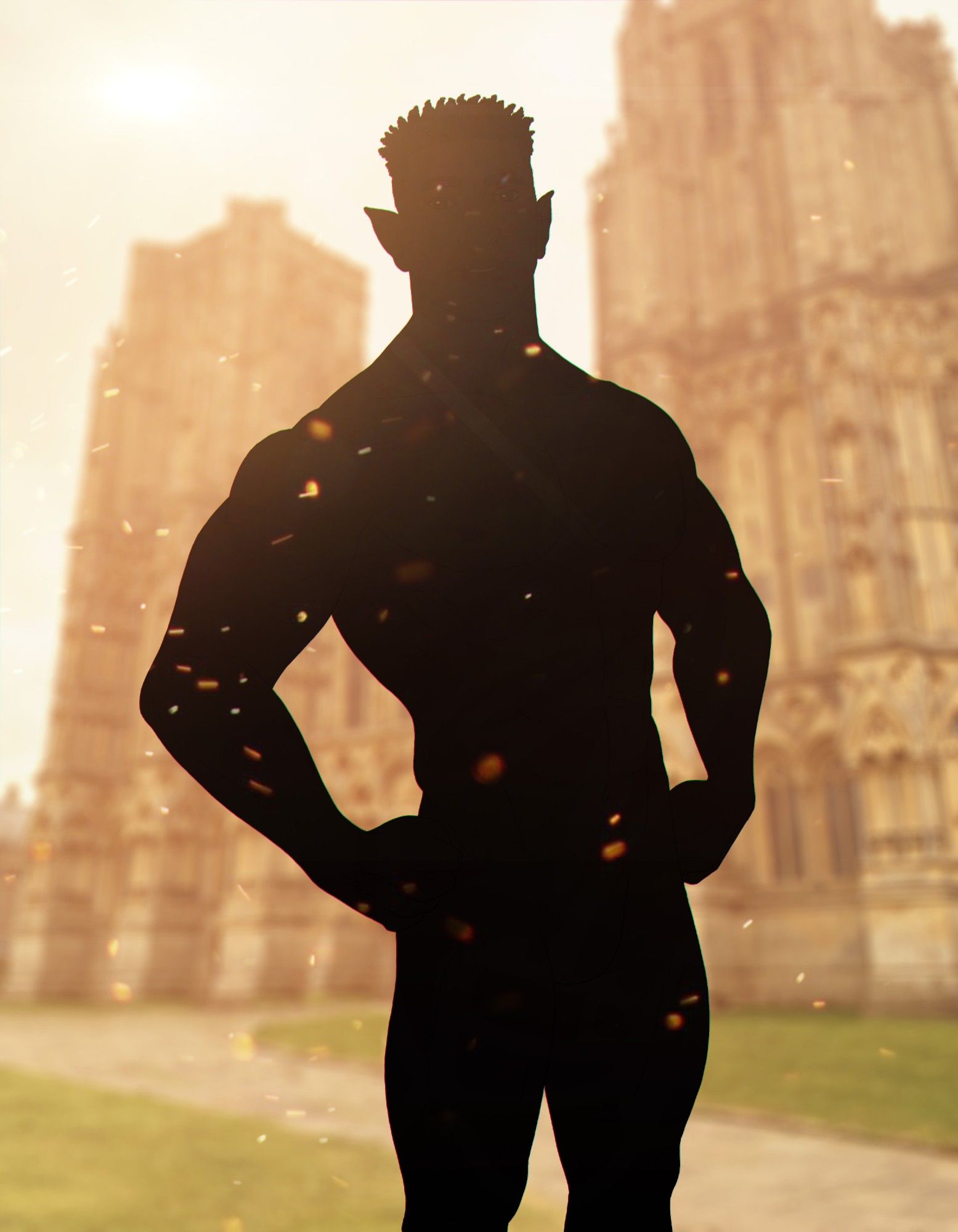 Character teaser: a built and muscular silhouette. The figure is standing proud. The ears are pointed.