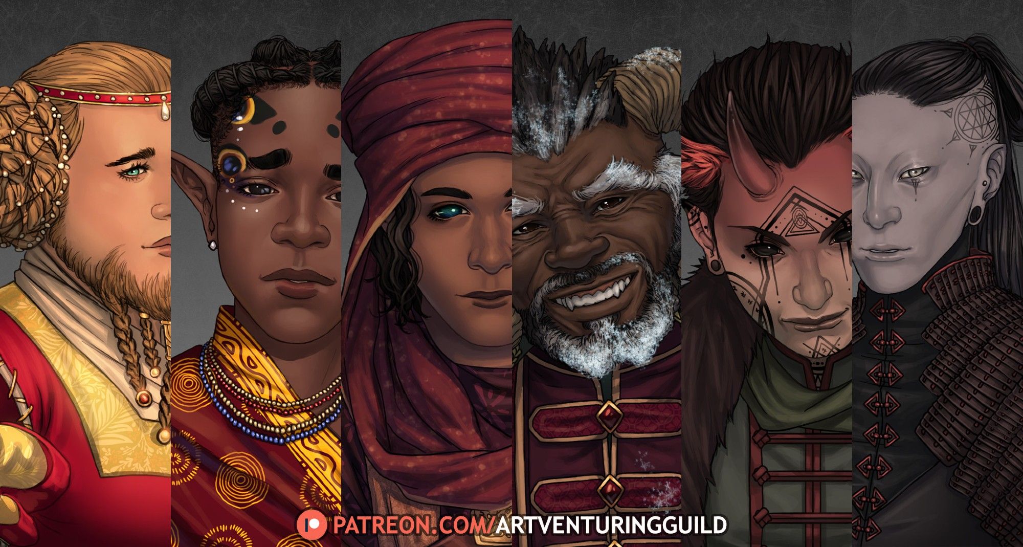 Previews of 6 different fantasy character portraits. They're all humanoid, but very diverse.