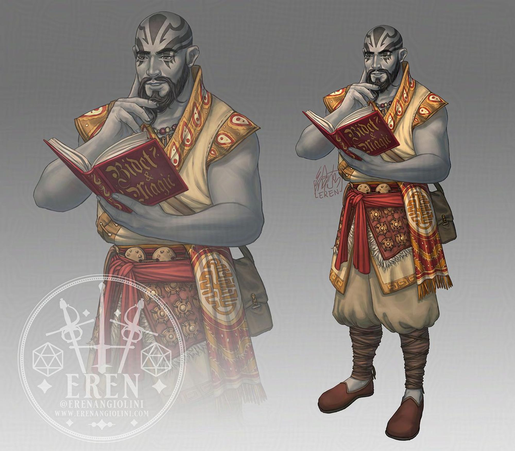 Re-design of Grog from Critical Role's Vox Machina campaign, as a Wizard. He has a thoughtful expression, as he reads a big elegant tome titles "Bidet & Magic".