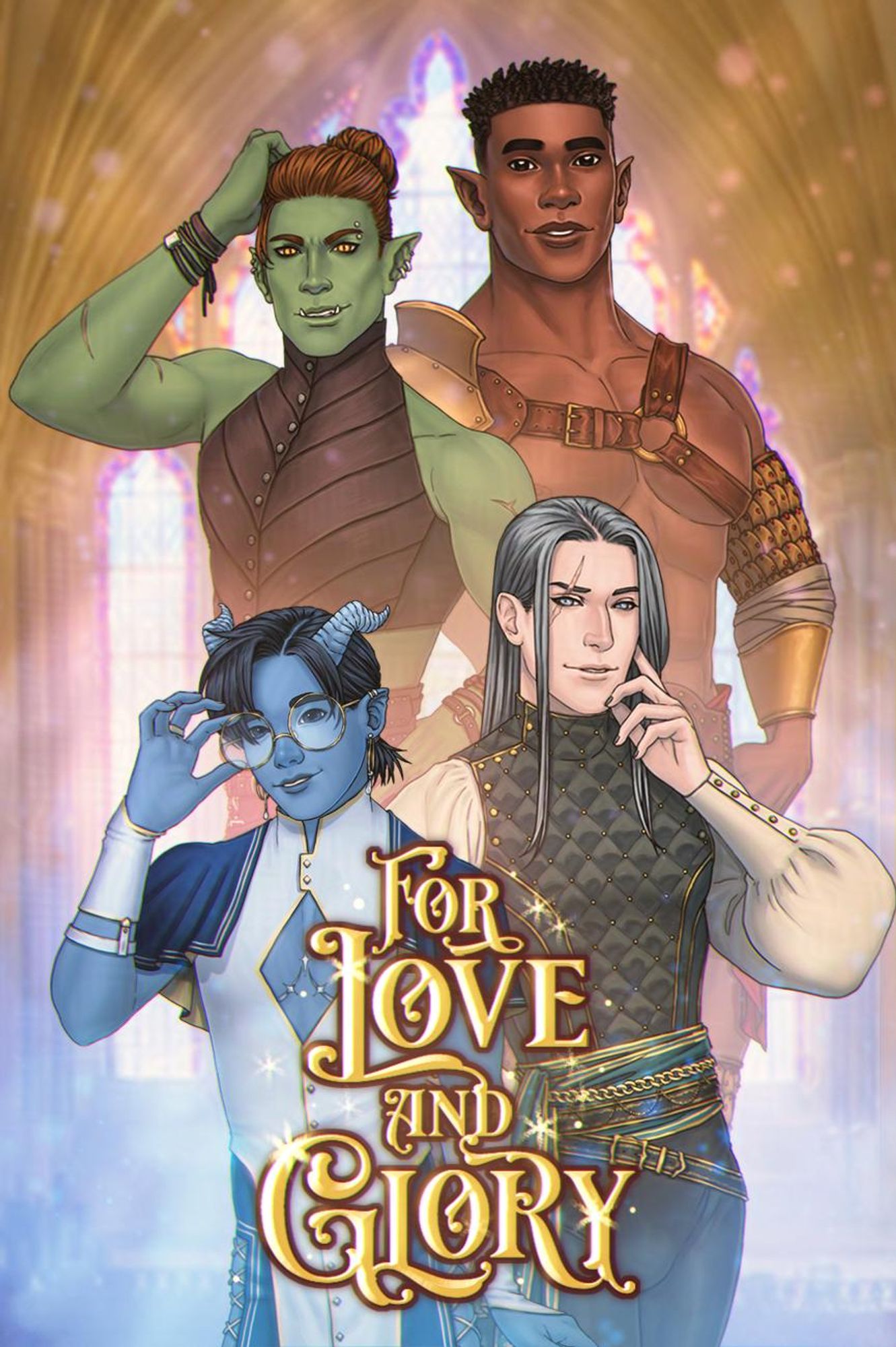 4 handsome masc presenting characters in front of a window, surrounded by colourful light, with the "For Love and Glory" title on the bottom of the picture.