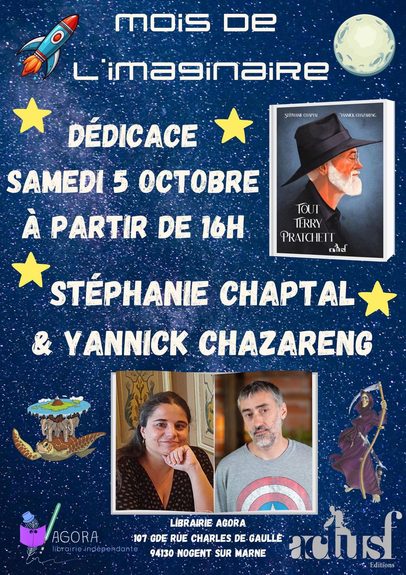 Affiche annonçant la dédicace de Tout Terry Pratchett par Yannick Chazareng et Stéphanie Chaptal le 5 octobre à partir de 16h à Agora 107 rue Charles de Gaulle 94130 Nogent sur Marne.