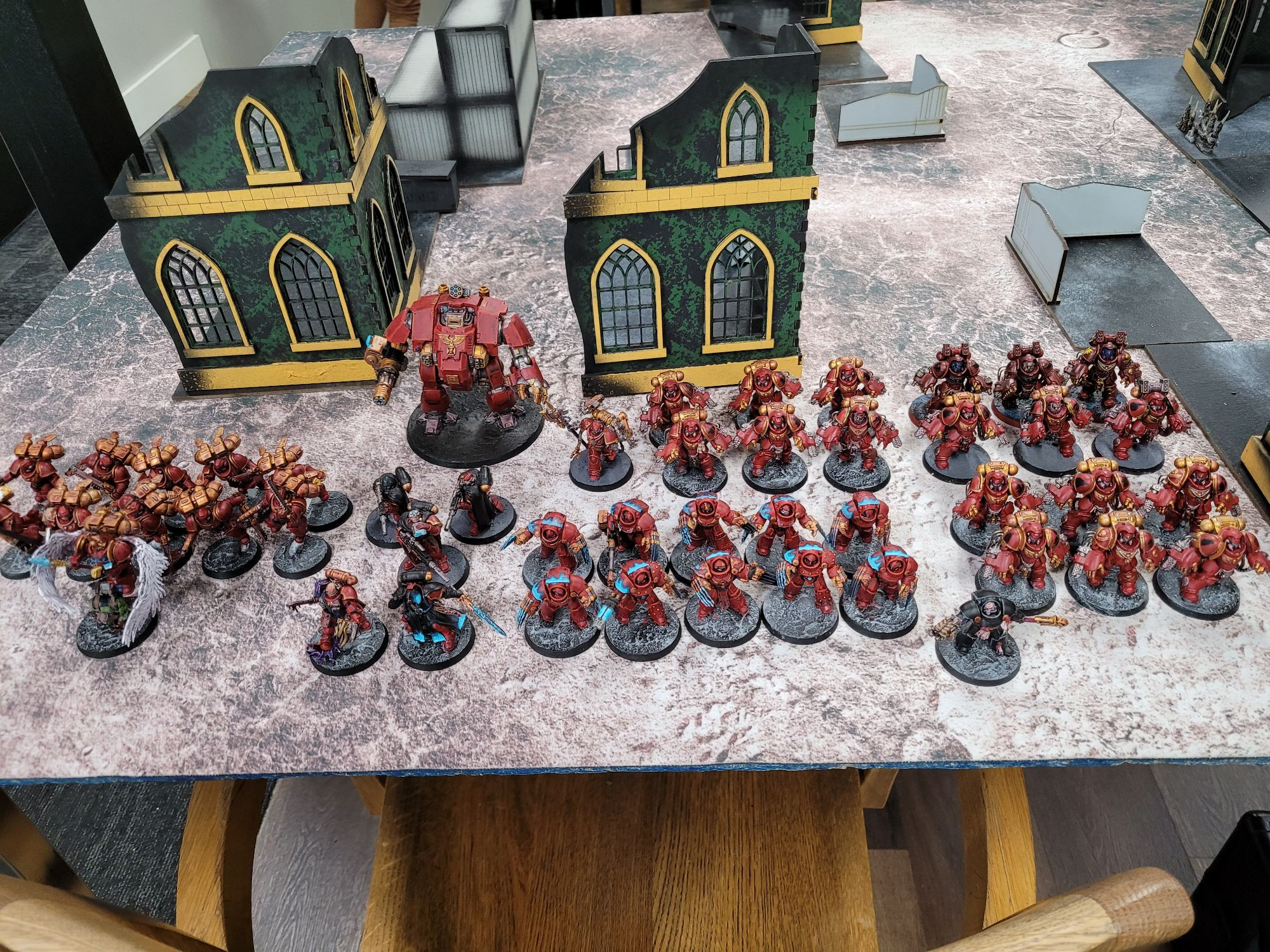 A blood angels army consisting of Jump Pack Intercessors, a Redemptor Dreadnaut, Terminators, and lots of Aggressors