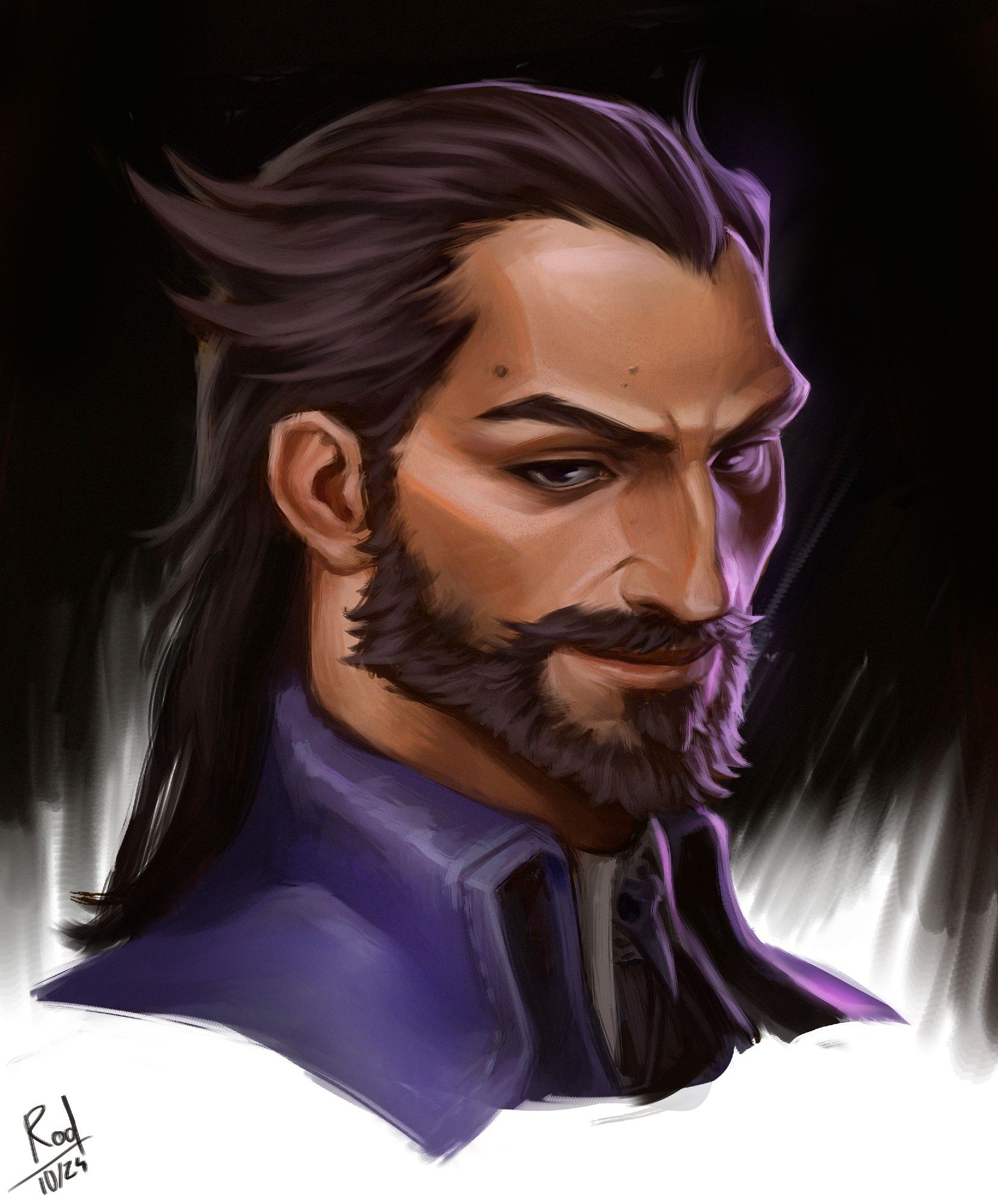 Retrato do Lucanis, um companheiro no jogo Dragon Age: The Veilguard, olhando para o espectador com um sorriso malicioso