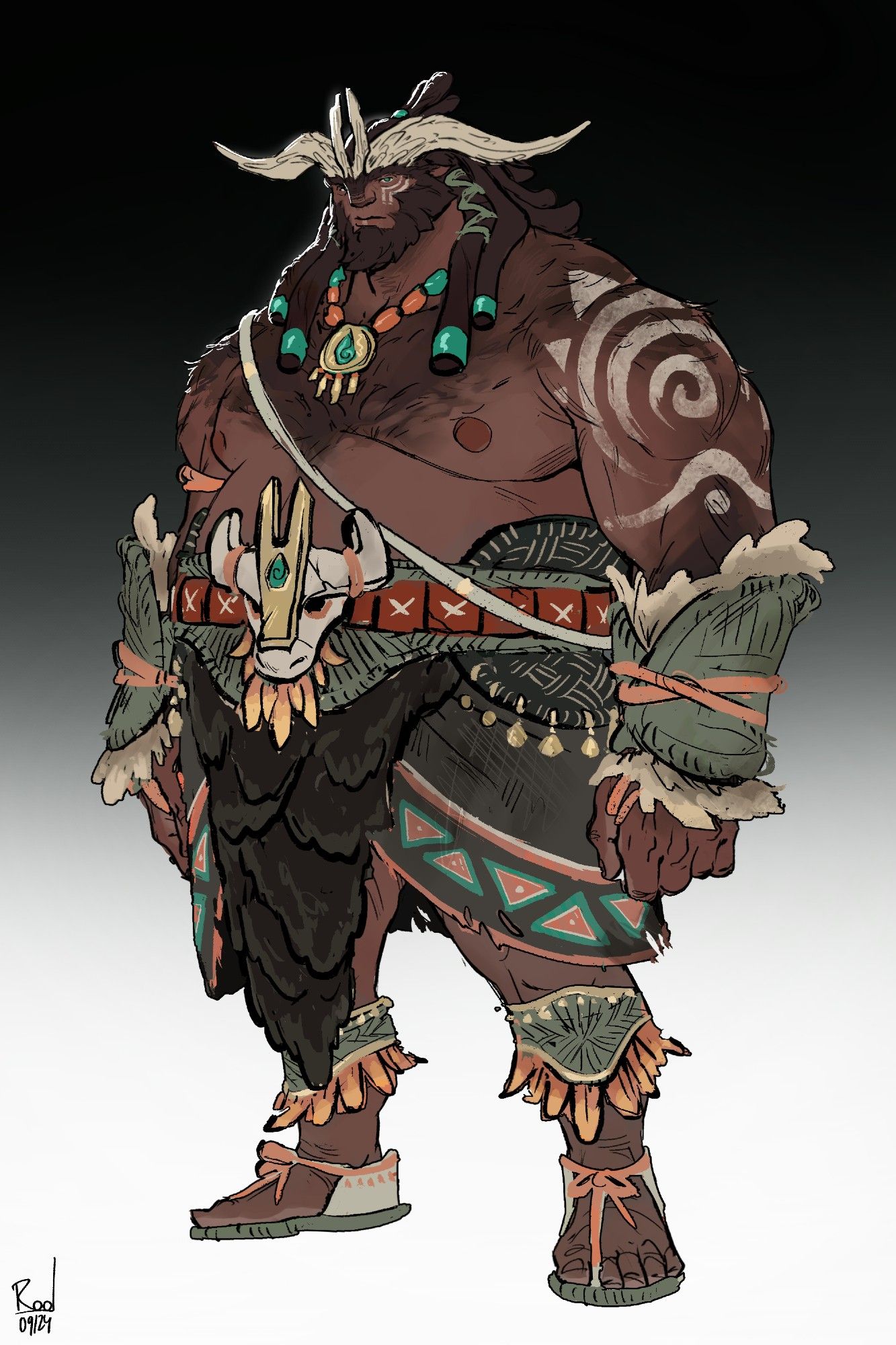 Design de personagem de um homem meio bisão com roupas inspiradas na mesoamerica.