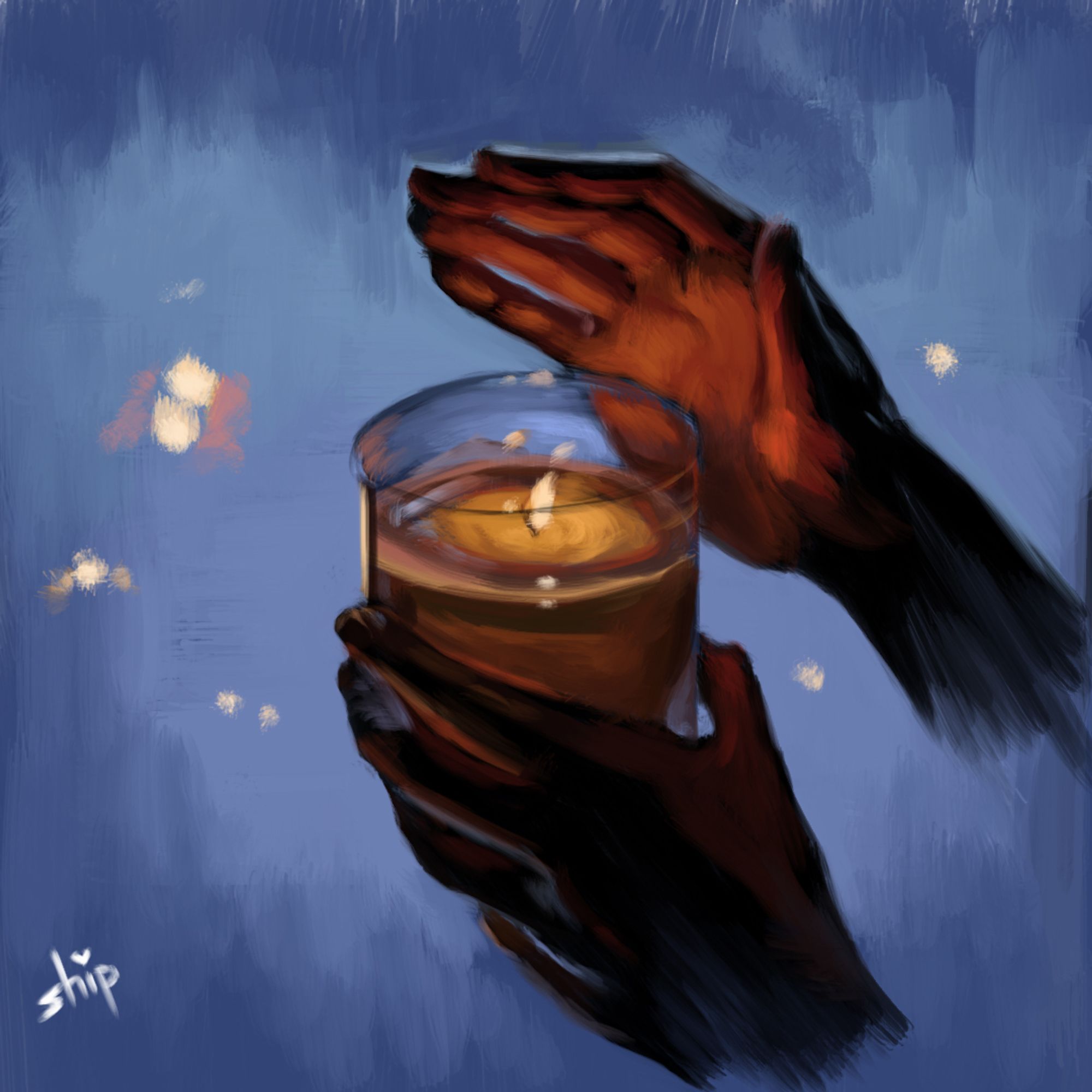 Digitally drawn/painted lit candle in a glass held by one hand while the other one covers against the wind in a blues ambience.