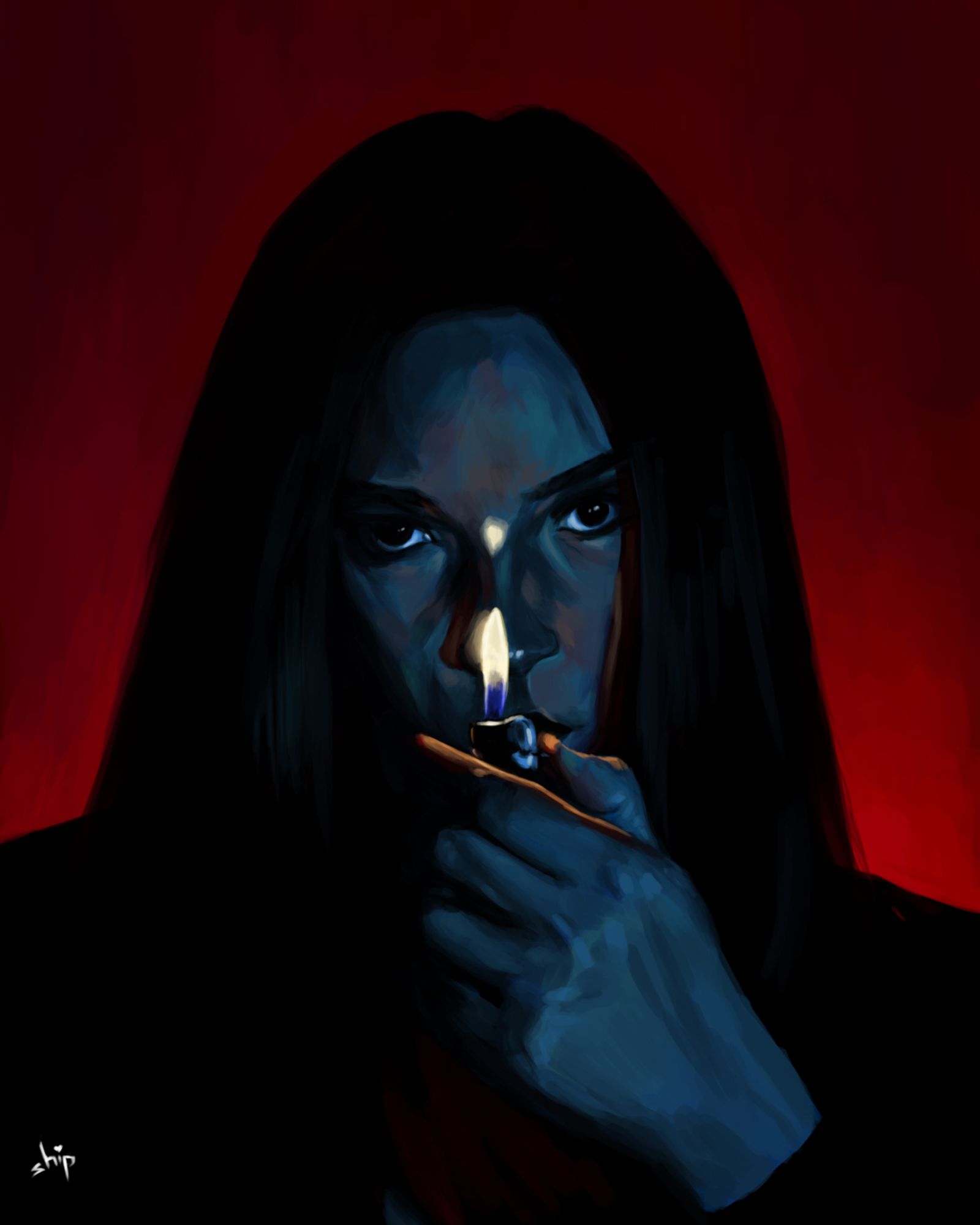 Digitally drawn/painted portrait of a woman holding a lit up lighter close to her face.