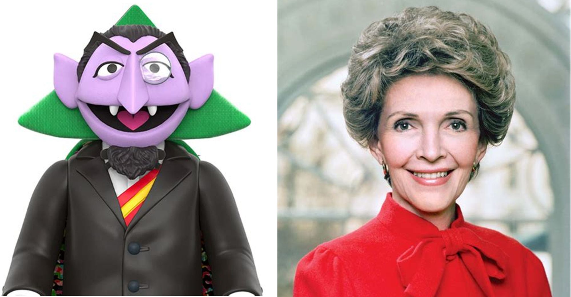 A picture of Count von Count from Sesame Street, and another of Nancy Reagan, First Lady of the US, 1981–1988.