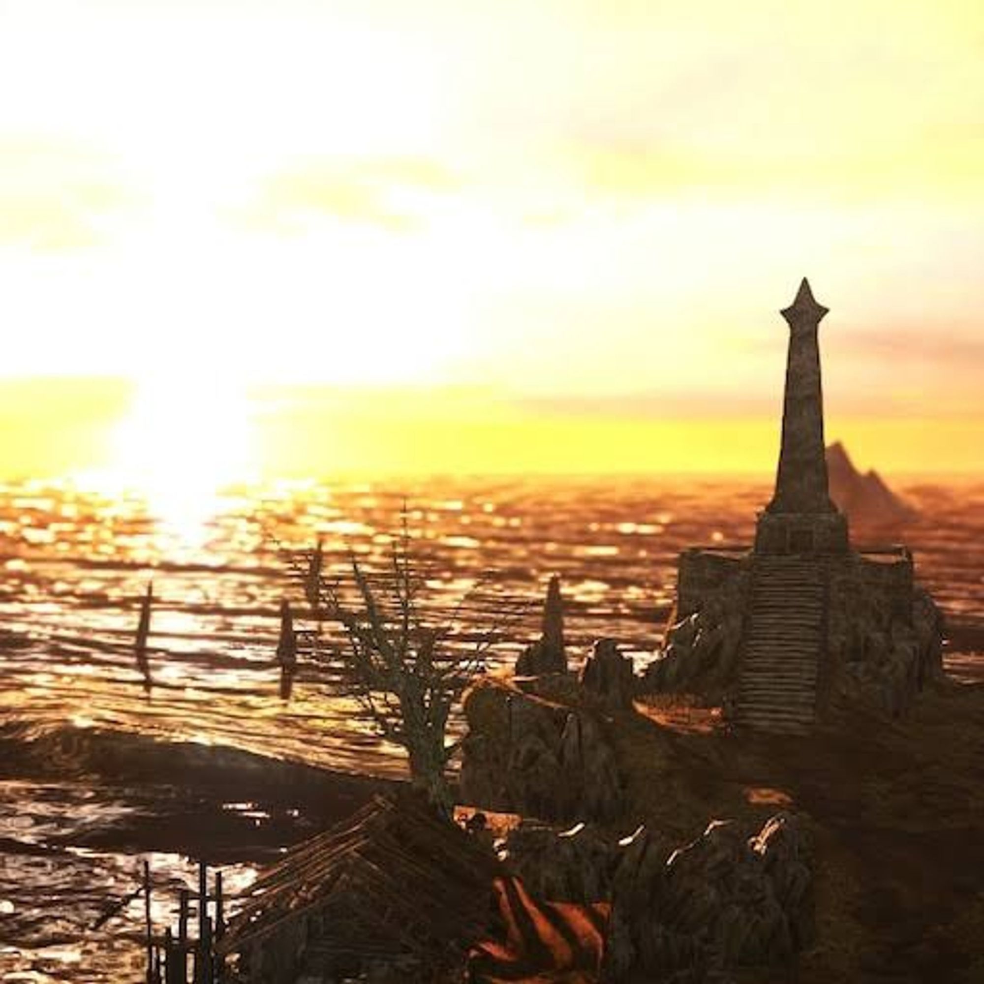 imagem de majula, área central de ds2 que está em um por do sol eterno