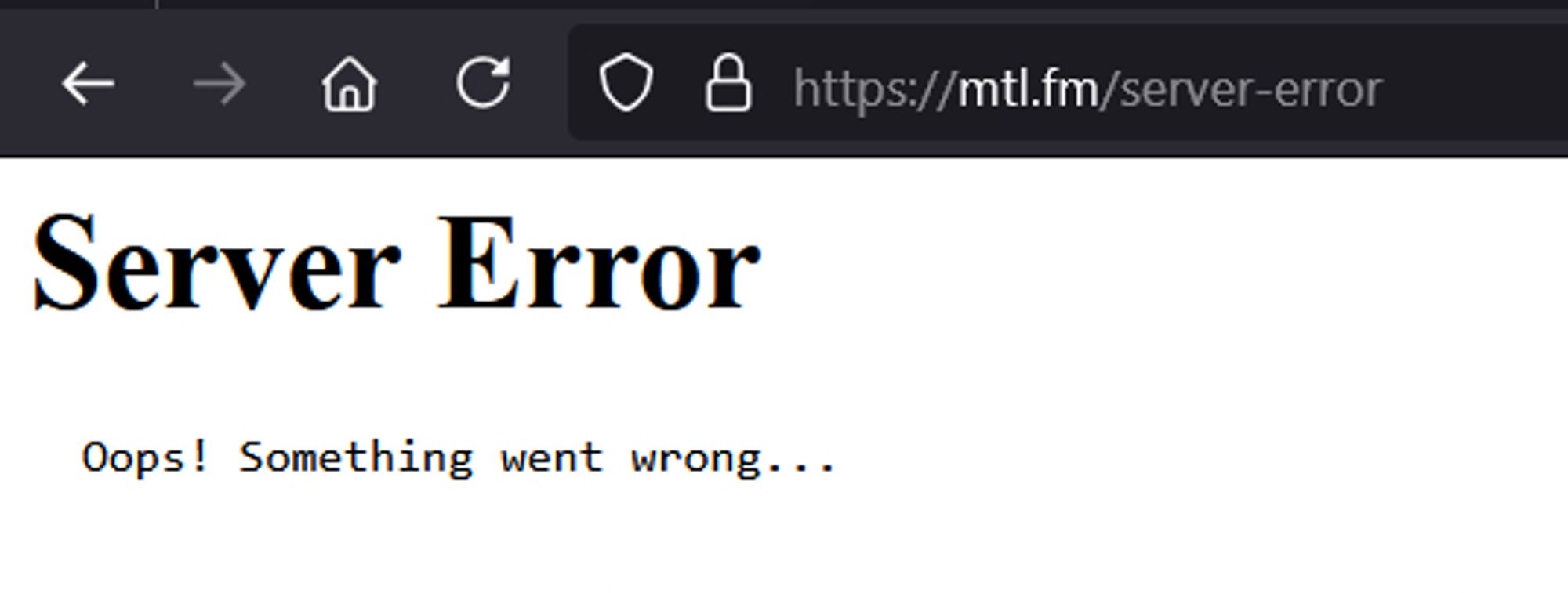 copie d'écran du site mtl.fm avec un message d'erreur "Server Error"