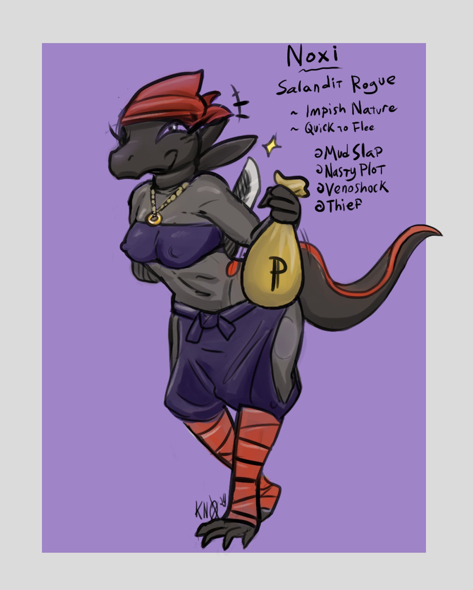 Noxi is a diminutive anthro female Salandit in the styling of a Thief. She wears simple clothes and a single ring on a chain as an accessory. She poffers a supposed bag of coin while hiding a dagger behind her back, offering a disarming impish smile to distract from the threat. She specializes in hit and run tactics, slipping in and making off with valuables before the victim knows what hit them.