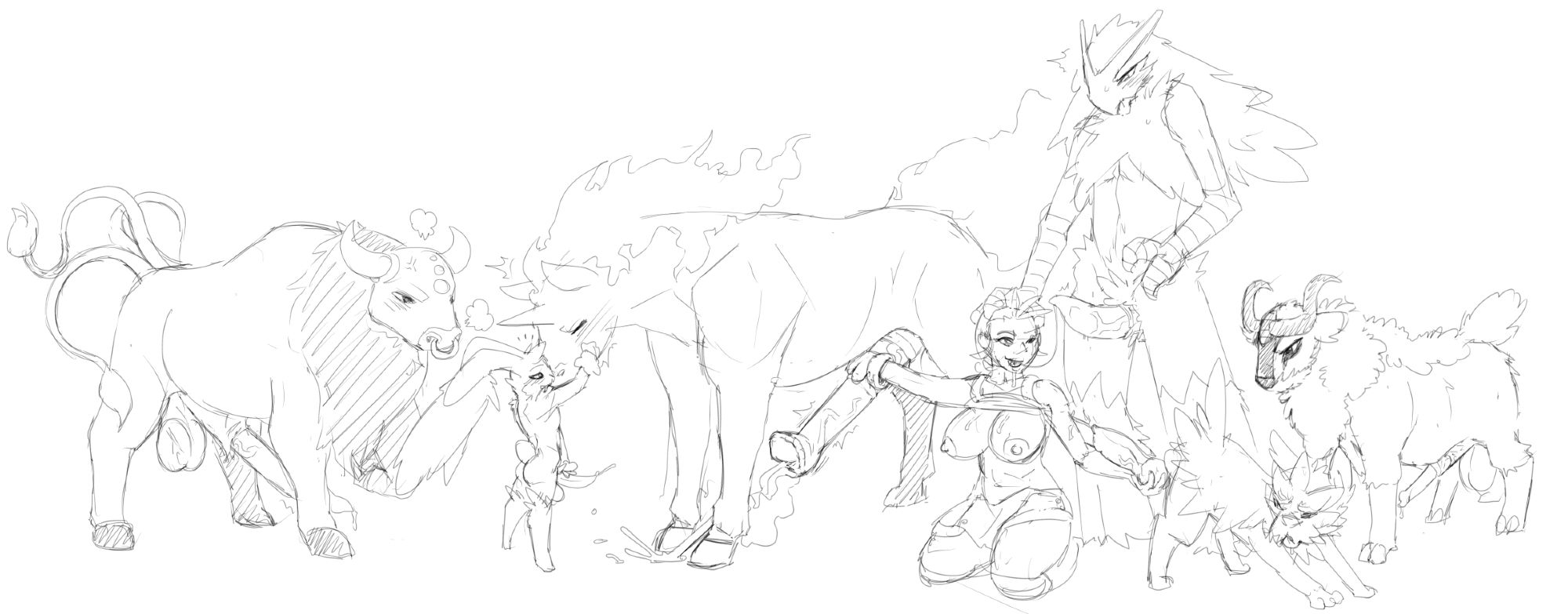 Scarlet pictured with her full team of male pokemon. All are sporting erections. From left to right- Tauros, lopunny, rapidash, blaziken, herdier, gogoat.