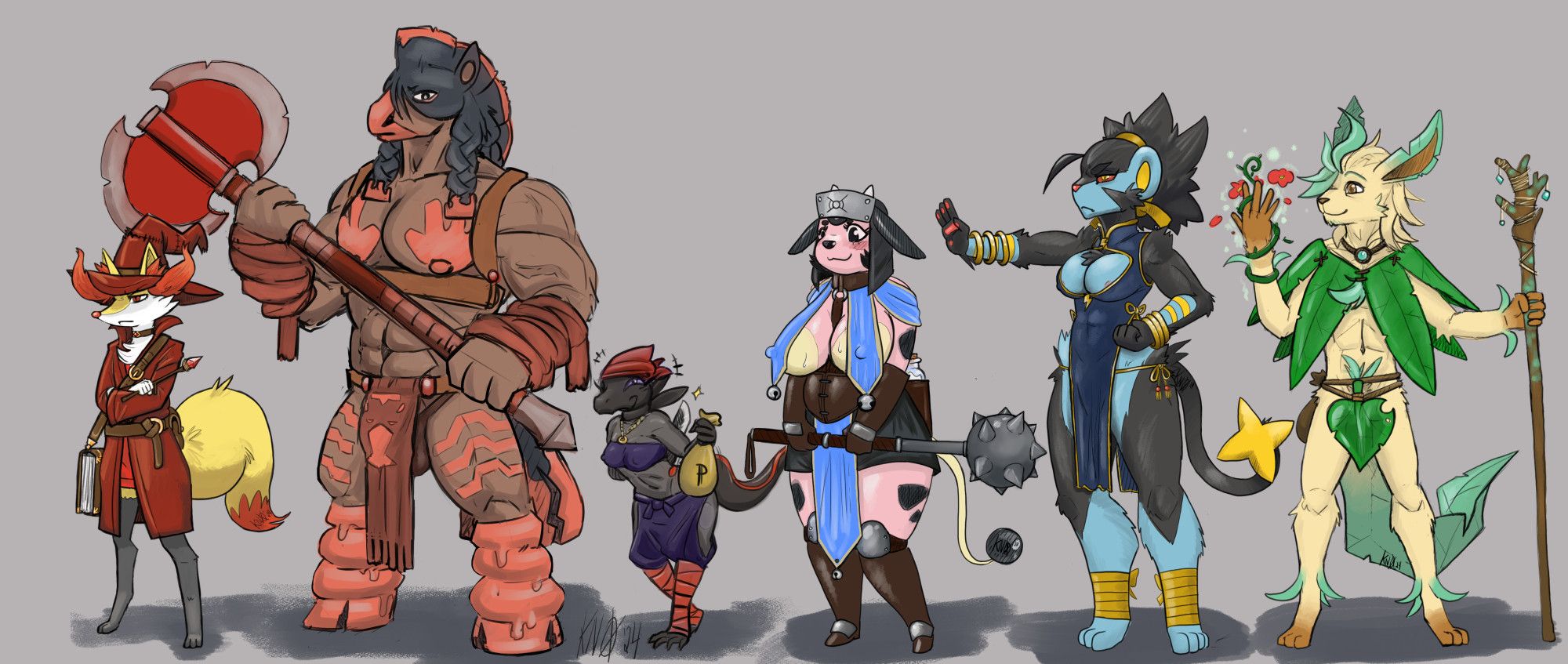 Six anthropomorphised pokemon stand in line with each other. From left to right, Ignitus the Braixen wizard, Clodd the Mudsdale barbarian, Noxi the Salandit rogue, Blanche the Miltanke cleric, Valka the Luxray monk, and K'lory the Leafeon druid.