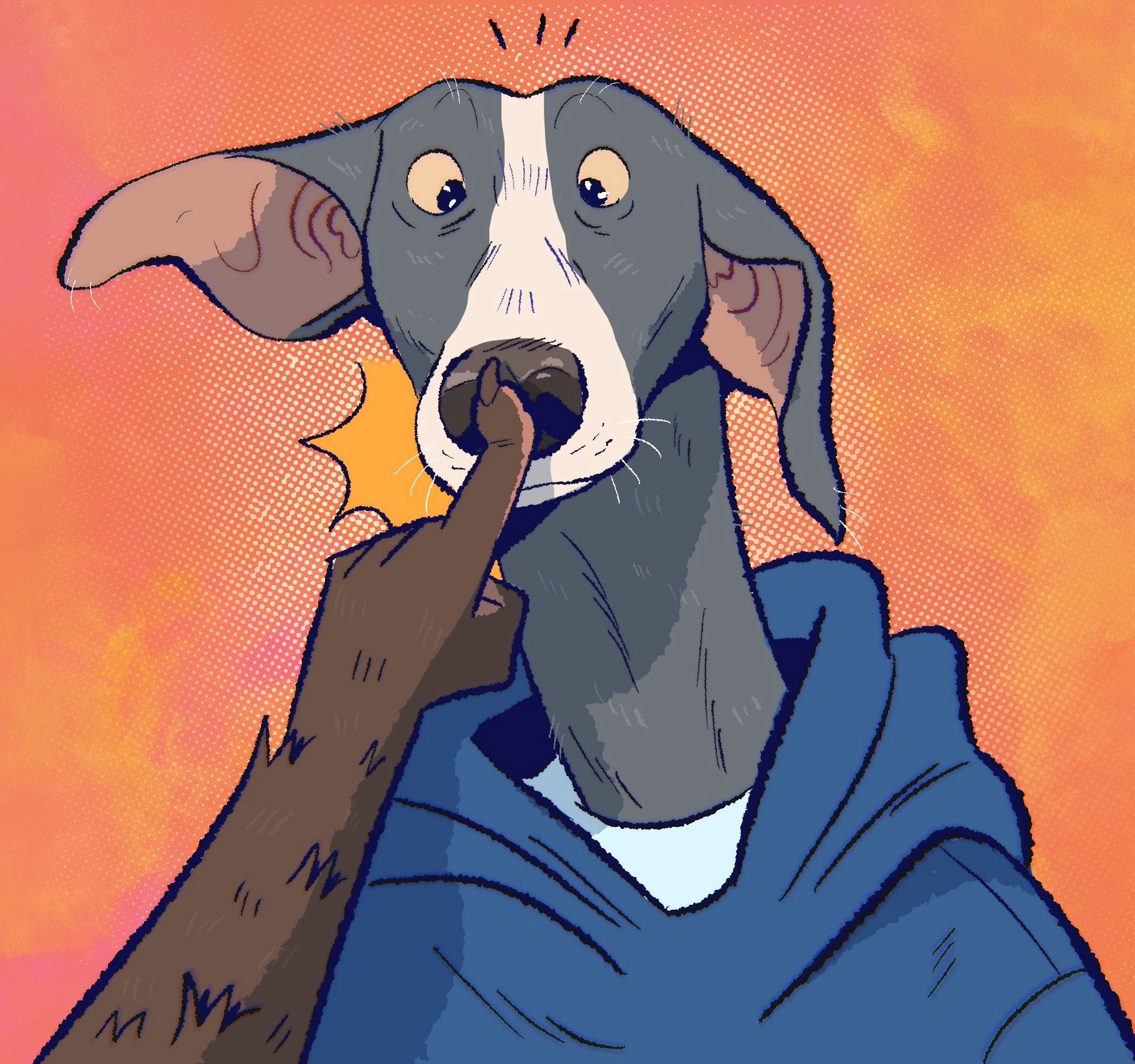 a surprised greyhound getting his nose booped by the paw of his boyfriend