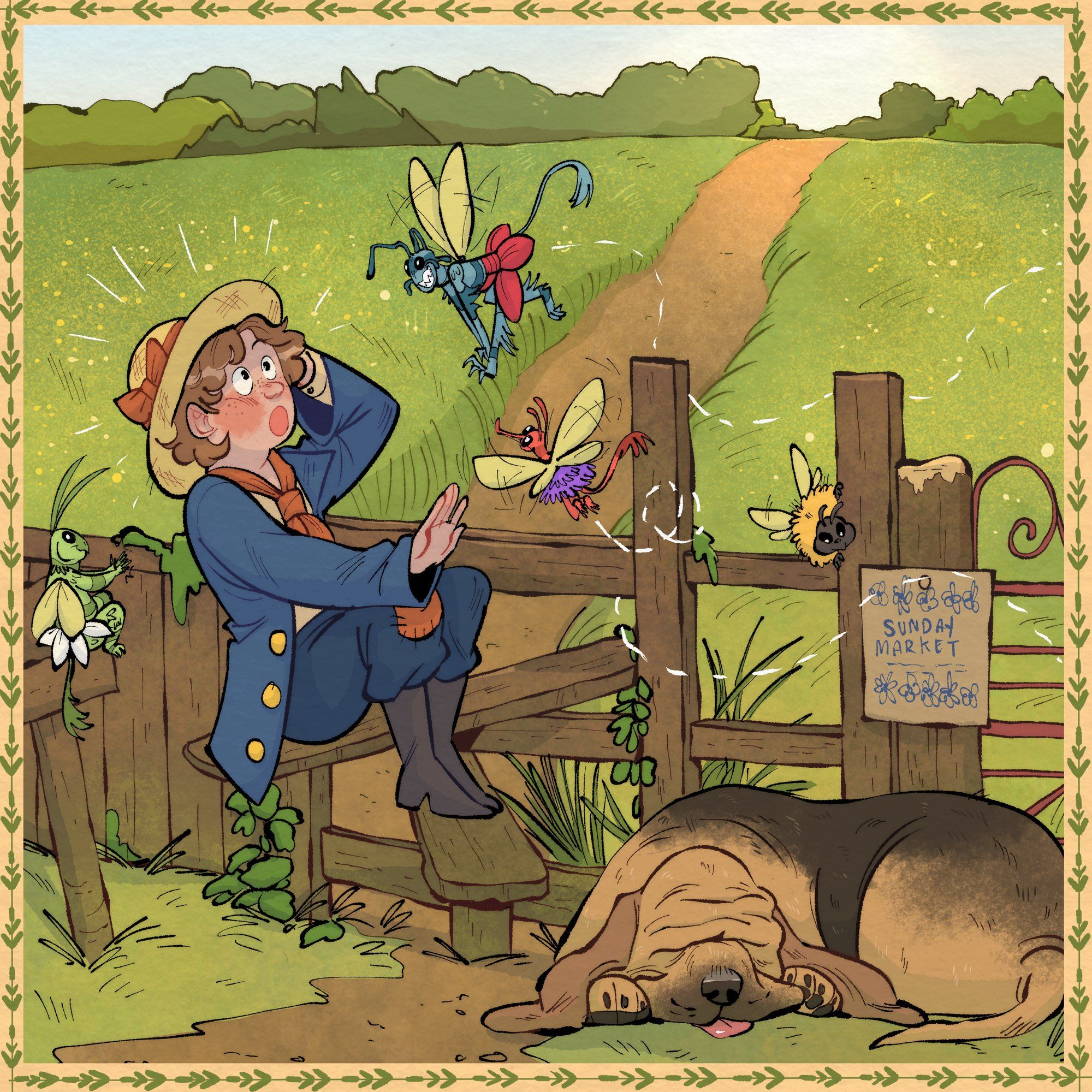 A child sitting on the steps of a stile in the middle of a field. a large bloodhound is asleep on the floor and four bug-like fairies fly about the characters mischievously