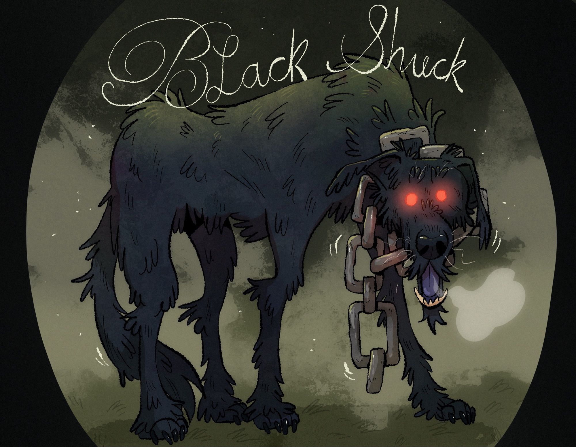 a large shaggy black dog with an oversized chain around its neck. It has glowing red eyes and surrounded by mist. The text reads 'Black Shuck'