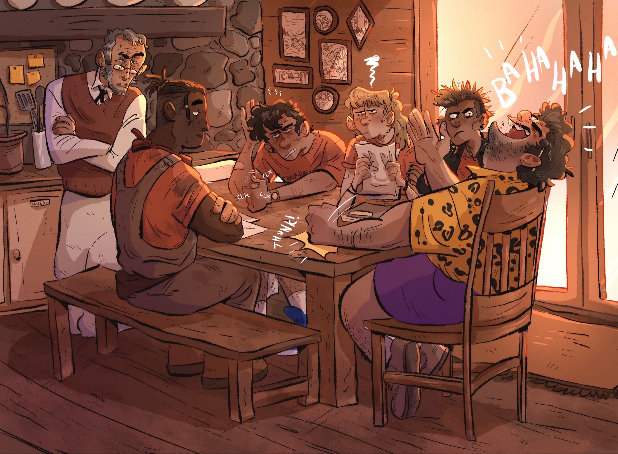 chiron, percy, annabeth, thalia, dionysus and charles from the percy jackson series sit around a table in a warmly lit, rustic kitchen. Dionysus is laughing loudly and annoying the rest of the committee. Percy is grumpily clicking his pen while everyone else looks on in unamusement