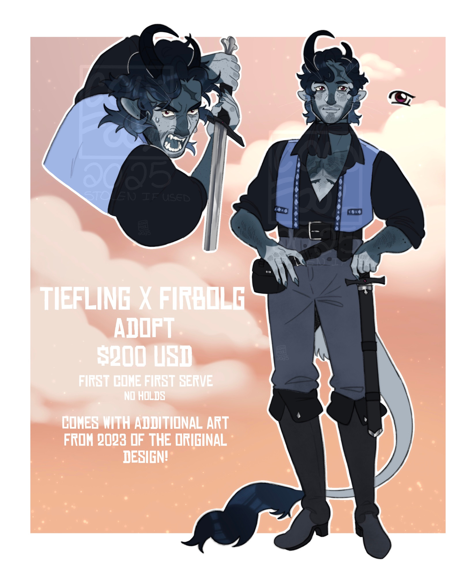 A blue Tiefling Firbolg hybrid with white whiskers on his cheeks, eyebrows, and elbows - like a cat! He has a long furry tail and dark blue markings, along with dark freckles and crimson ruby eyes with horizontal pupils. In his close up portrait, he’s wielding his sword and baring his sharp teeth.