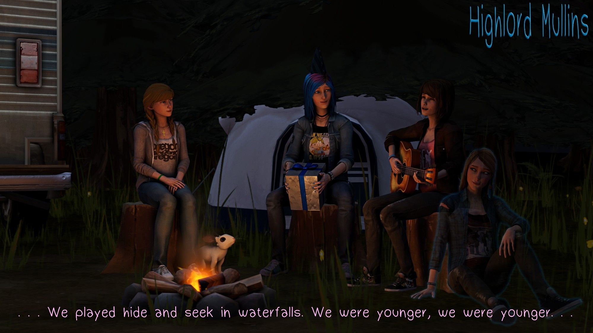 For her birthday this year, Chloe decided she wanted to go camping for a couple of days with her two favorite people, so Chloe and Co pack up her Pickup and drove out to a nice, secluded spot to unwind.  Hours passed and the three shared stories and enjoyed the nature around them, and while Kate gave Chloe her gift Max grew a bit nervous, she wanted to give Chloe something personal this year besides just the usual night of passion they usually shared, she wanted to give her something personal. Thus, she spent weeks trying to master a song on her guitar, and while Kate assured her she really nailed it Max was still unsure.  Before her doubts could consume her thoughts, she could swear she heard a voice, one she’s never heard before.

“You got this Max Caulfield.” Said the voice.

With that, Max smiled, she cleared her throat to get Chloe’s attention, hyped up her gift and pulled out her guitar . . . the lyrics flowing naturally from very soul.

“Let’s say sunshine for everyone . . .”