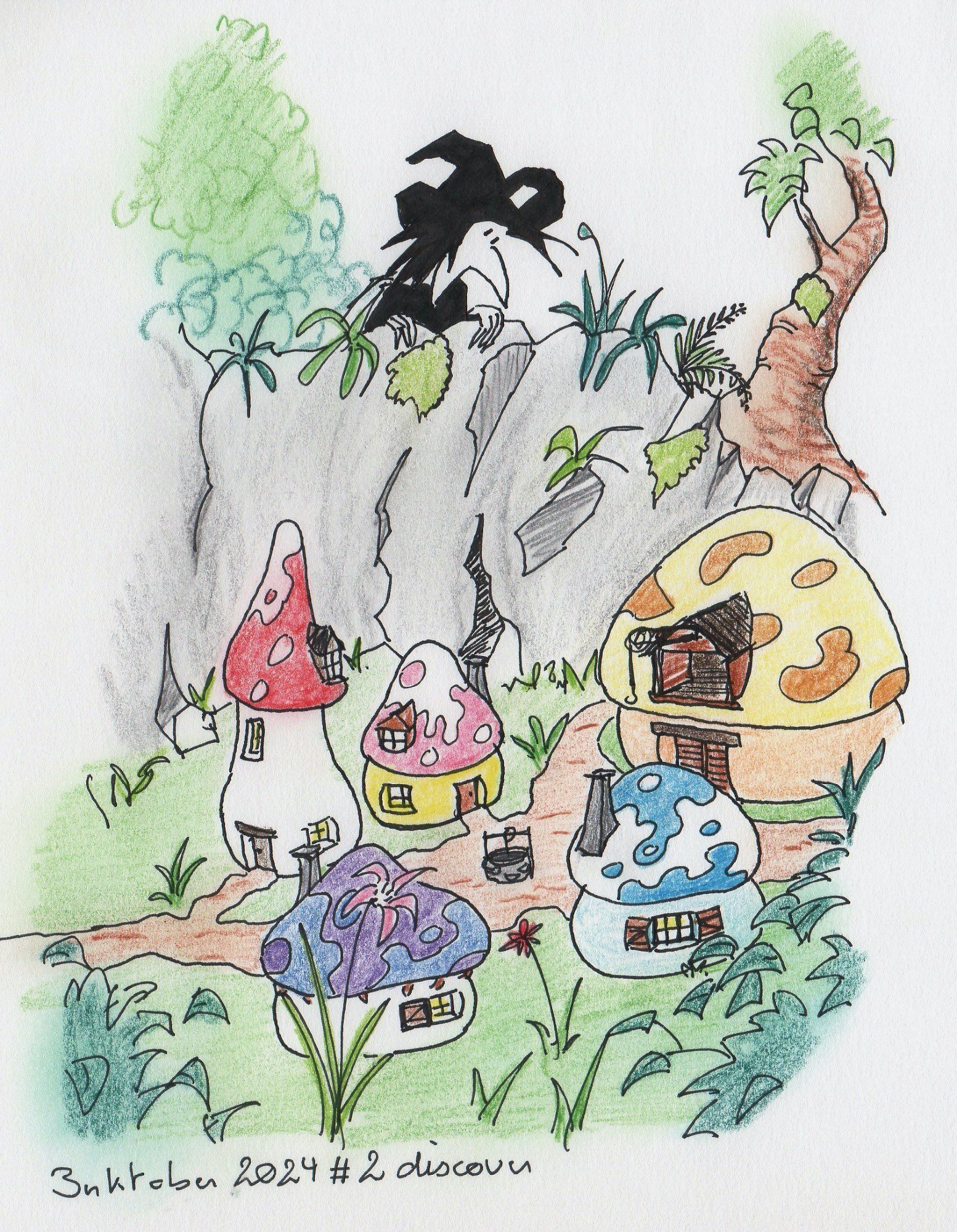 color drawing. The word of today's inktober challenge is "Discovery. A witch in the forest discovers strange little houses between trees and bushes. They are shaped like big multicolor mushrooms. Reference to the Smurfs