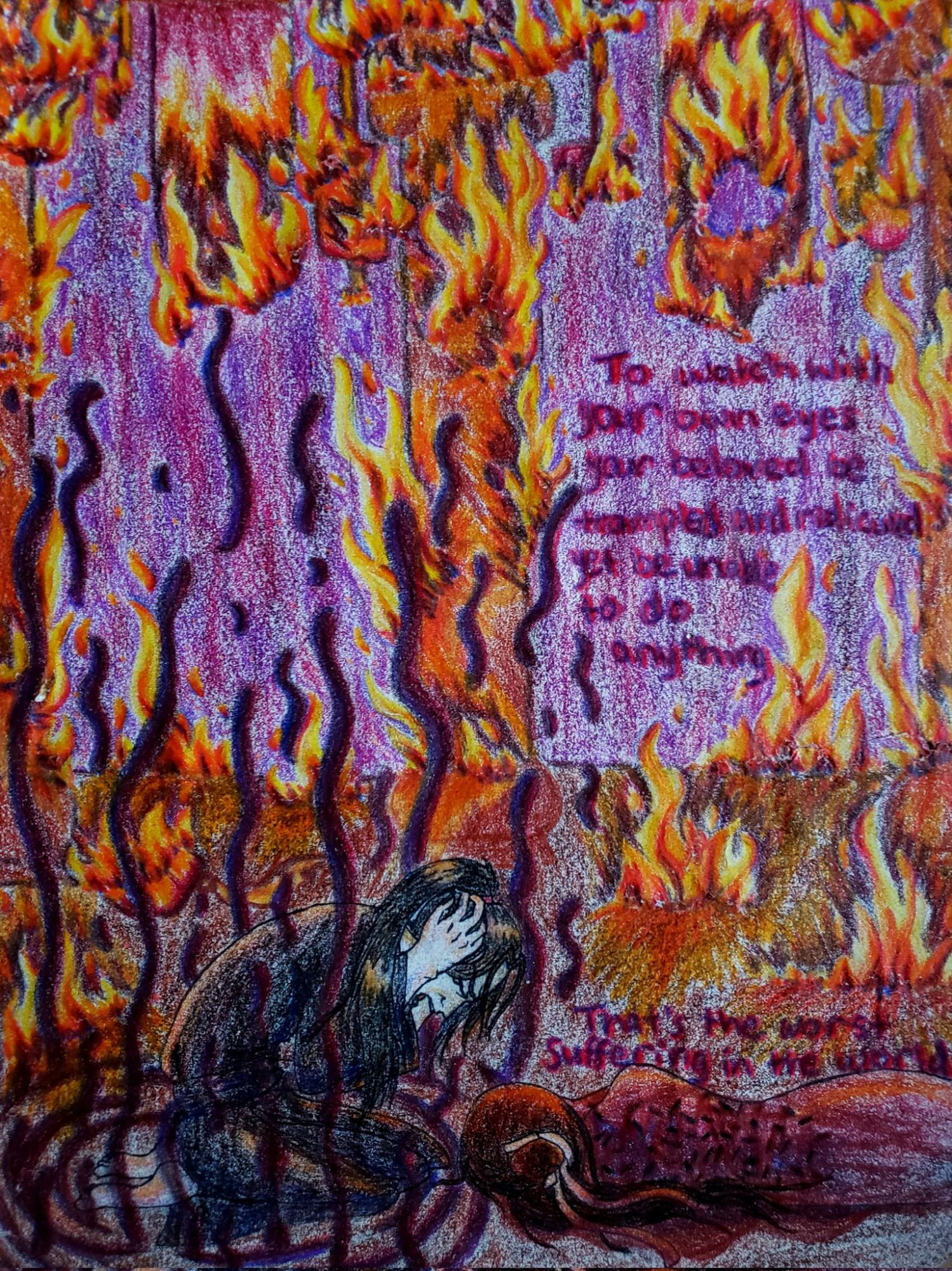 Illustration of the scene in TGCF of wuming grieving xie lian in the burning temple. Text reads: to watch with your own eyes your beloved be trampled and ridiculed yet be unable to do anything. that's the worst suffering in the world.