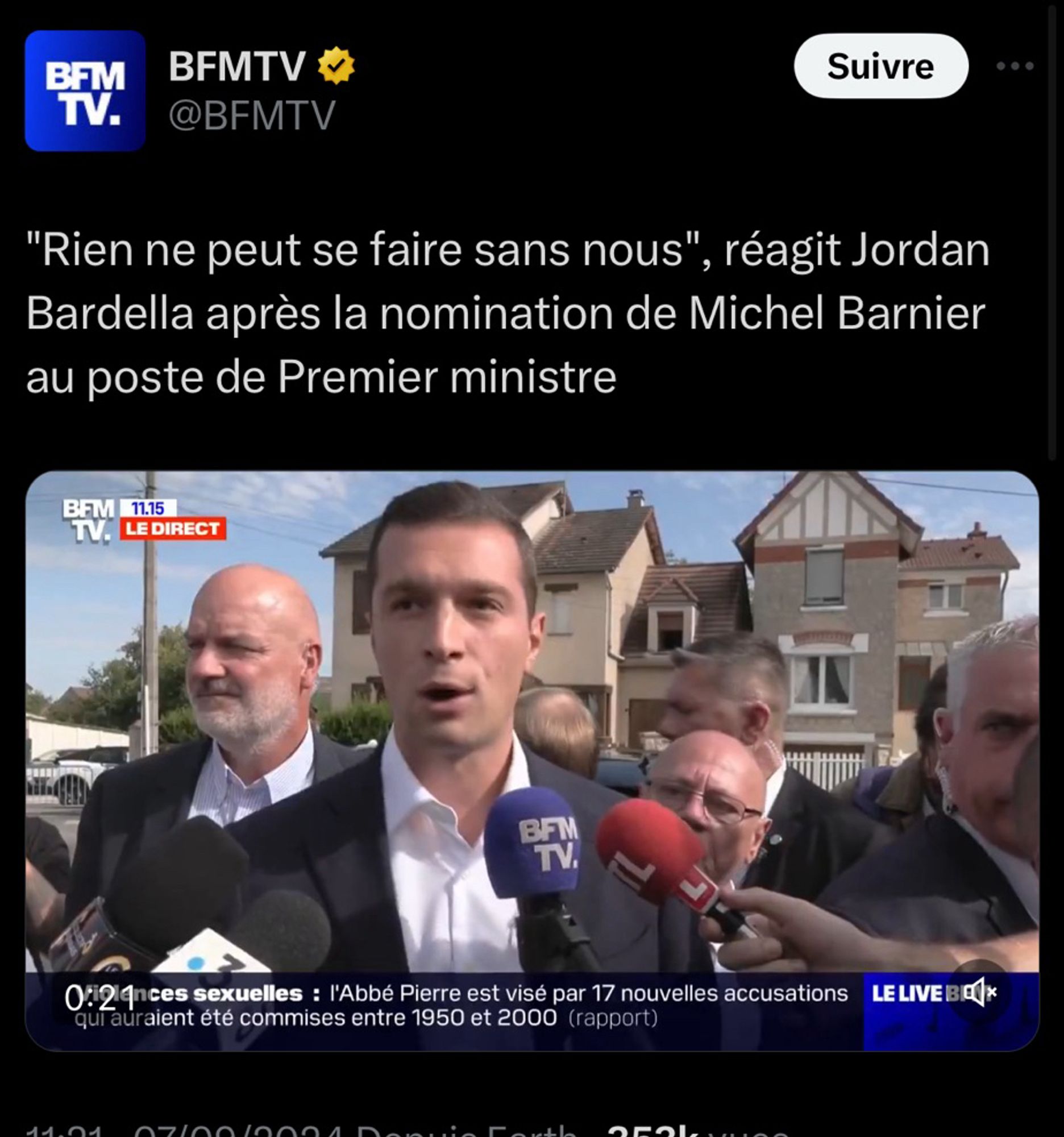 BFM
TV.
BFMTV
@BFMTV
Suivre
"Rien ne peut se faire sans nous", réagit Jordan Bardella après la nomination de Michel Barnier au poste de Premier ministre
BFM
11.15
TV.
LE DIRECT
BFM