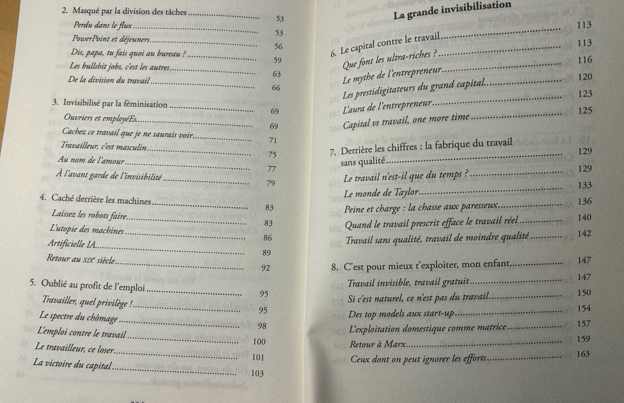 2. Masqué par la division des tâches..
Perdu dans le flux..
Power Point et déjeuners...
Dis, papa, tu fais quoi au bureau ?
Les bullshit jobs, c'est les autres
De la division du travail.
3. Invisibilisé par la féminisation..
Ouvriers et employé Es....
Cachez ce travail que je ne saurais voir..
Travailleur, c'est masculin.
Au nom de l'amour.
À l'avant garde de l'invisibilité...
4. Caché derrière les machines
Laissez les robots faire.
L'utopie des machines ....
Artificielle LA.
Retour au xIx siècle.
5. Oublié au profit de l'emploi..
Travailler, quel privilège !..
Le spectre du chômage..
L'emploi contre le travail..
Le travailleur, ce loser.
La victoire du capital.
•*•
53
53
56
59
63
66
69
69
71
75
77
79
83
83
86
89
92
95
95
98
100
101
103
La grande invisiblisation
6. Le capital contre le travail.
Que font les ultra-riches ?.
Le mythe de l'entrepreneur.
Les prestidigitateurs du grand capital.
L'aura de l'entrepreneur.
Capital vs travail, one more time
7. Derrière les chiffres : la fabriqu