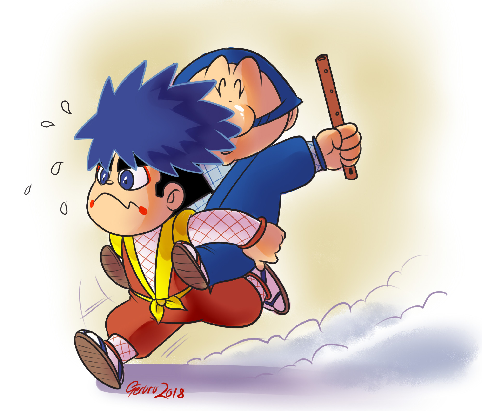 Goemon and Ebisumaru piggyback racing. This was for the Legend of the Mystical Ninja/ Yuki-Hime run at AGDQ that year.