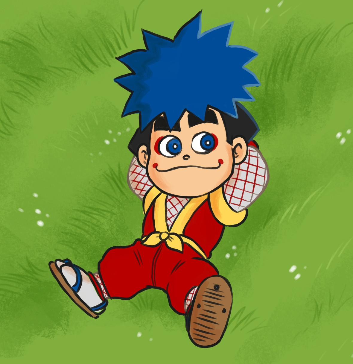 Goemon laying in the grass.